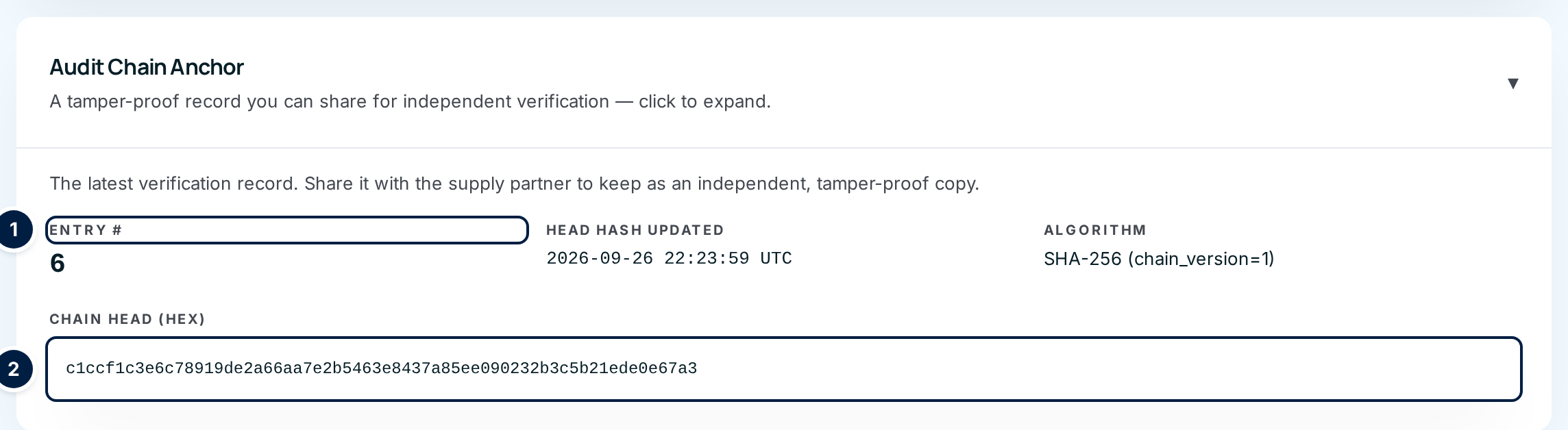 The Audit Chain Anchor for Apex Bearing Co., open, with ① Entry # and ② the Chain Head (hex) code marked