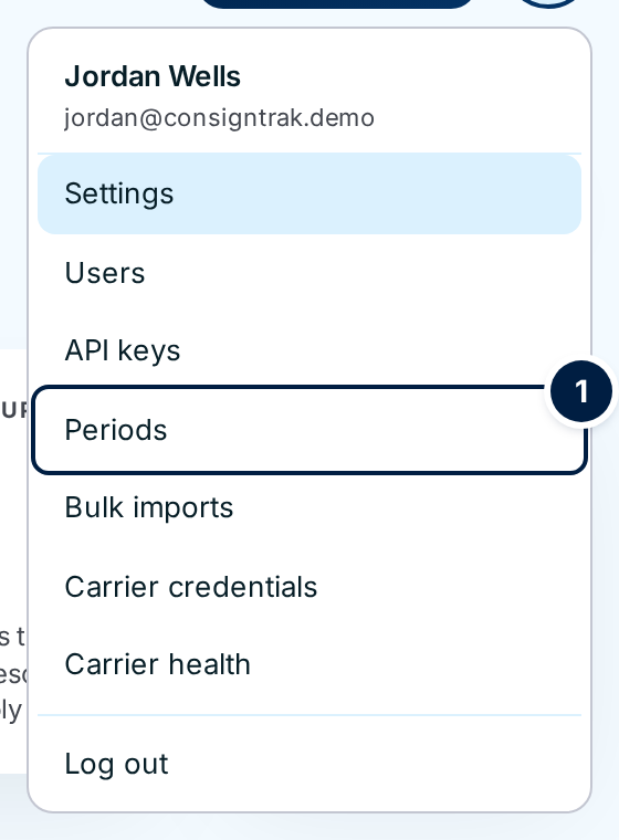 The account menu with Periods marked ①