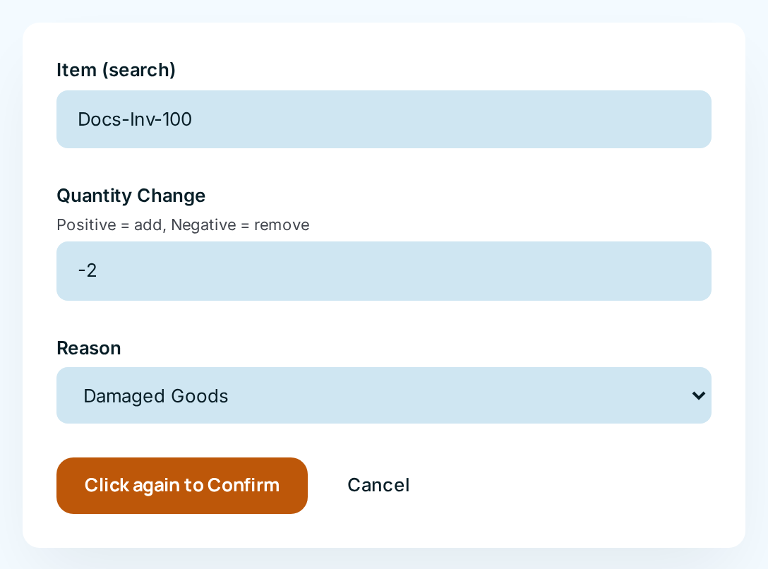 The Submit Adjustment button armed, reading "Click again to Confirm"