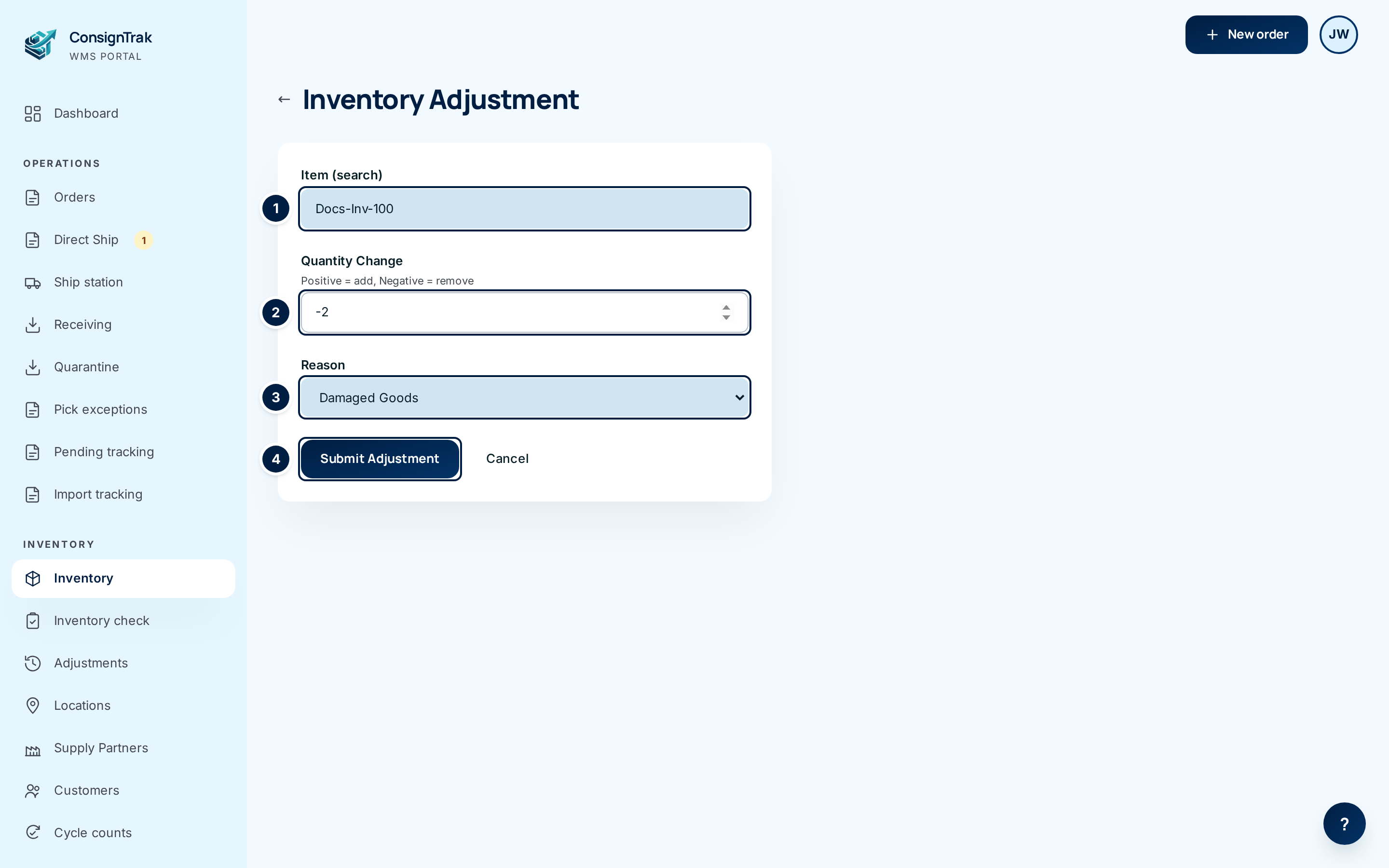 The Inventory Adjustment form with the item, quantity change, reason and Submit Adjustment marked