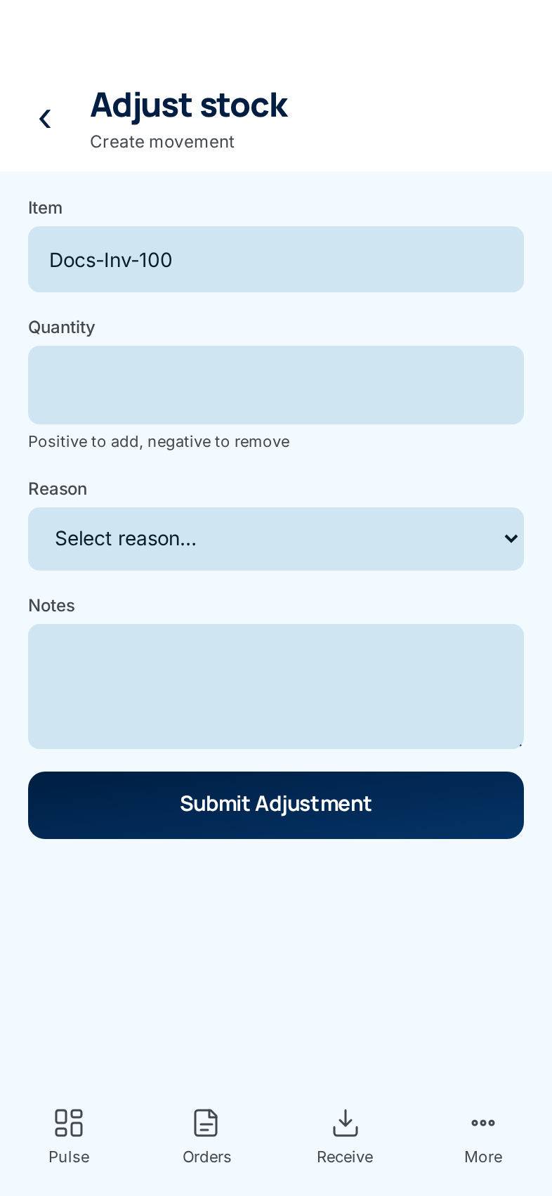 The phone Adjust stock form