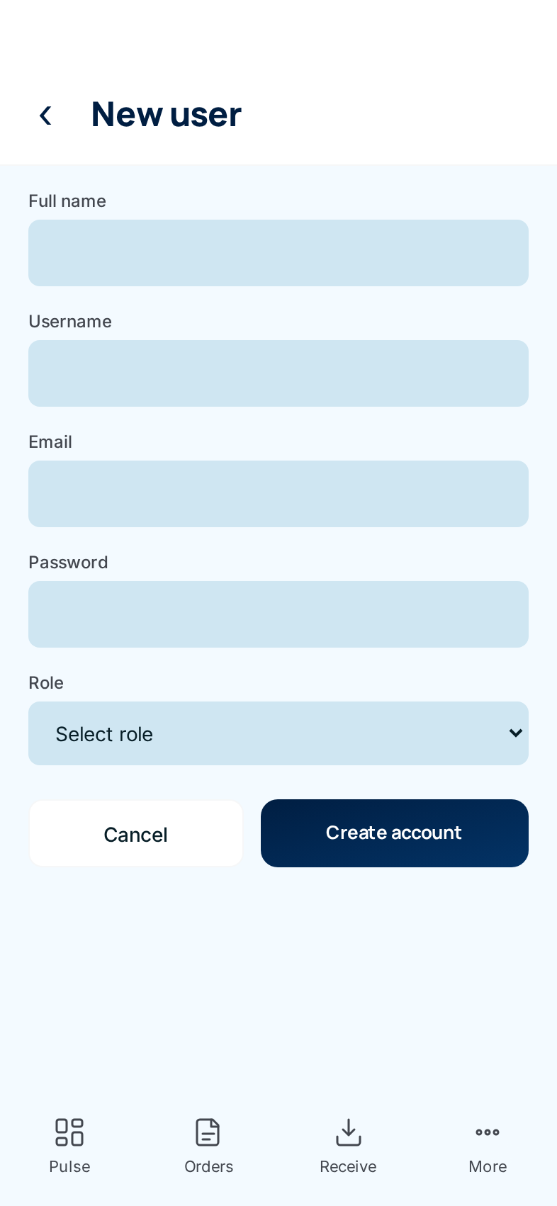 The phone New user form: Full name, Username, Email, Password and Role, with Cancel and Create account