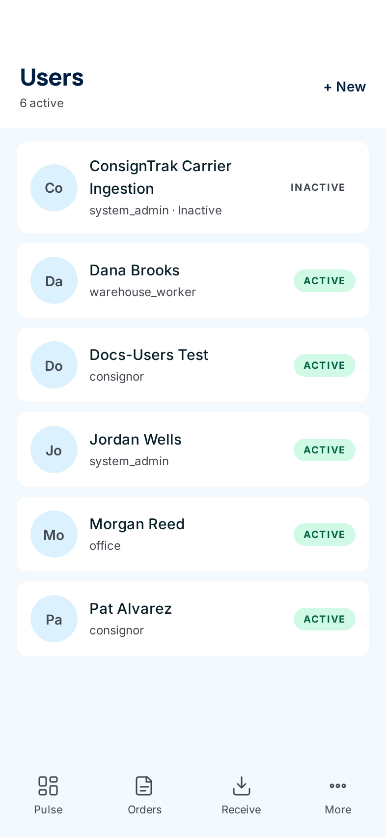 The phone Users list: each person with initials, name, role and an Active or Inactive pill