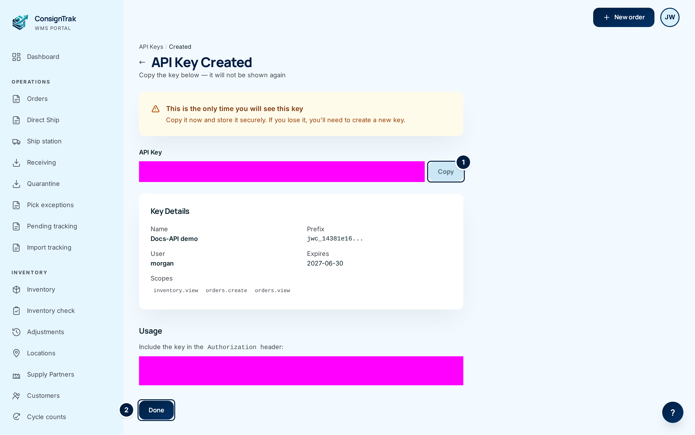 The API Key Created page with the key itself hidden, the Copy button (1), the Key Details card showing name, prefix, user, expiry and scopes, and the Done button (2)