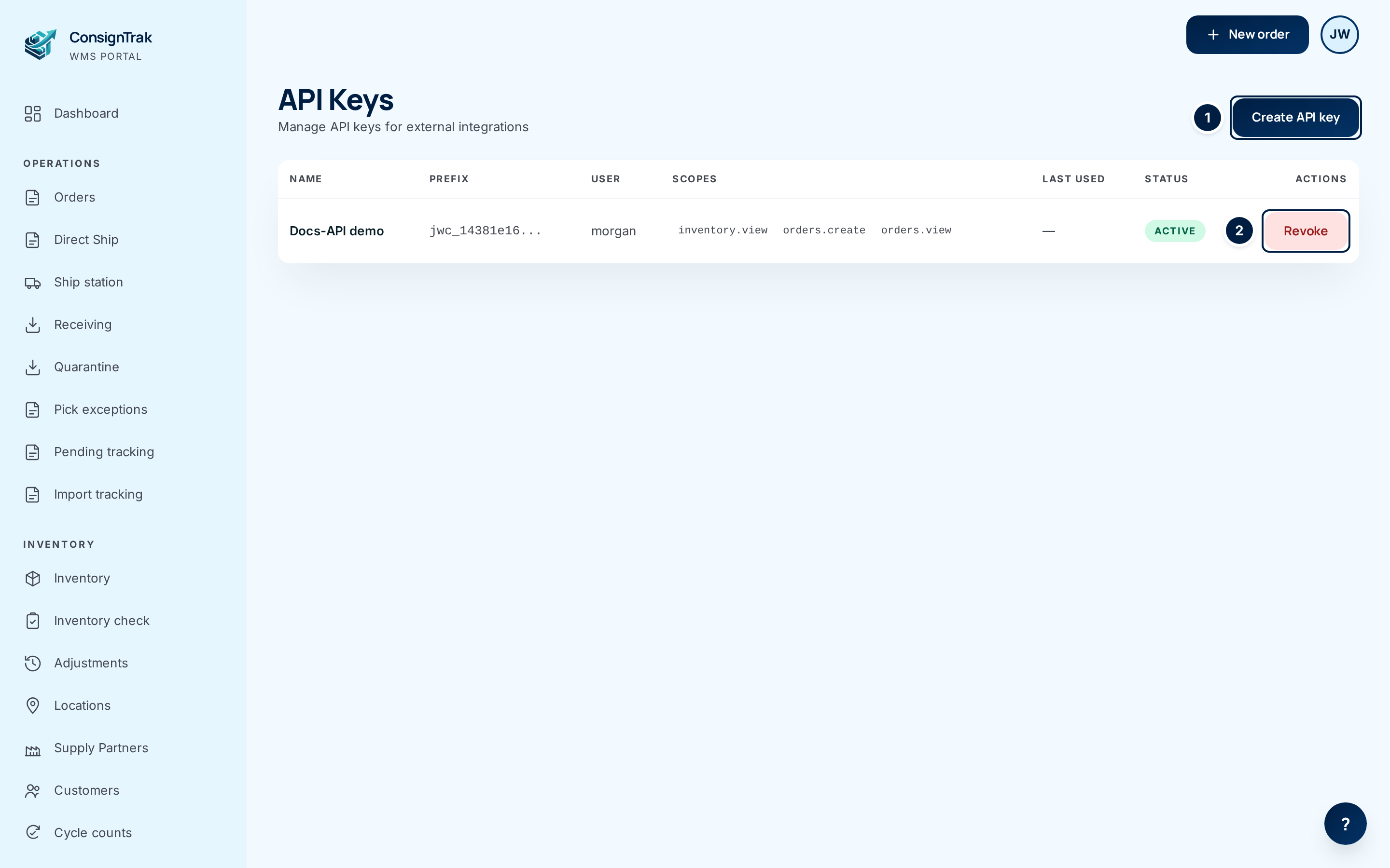 The API Keys list with one active key, "Docs-API demo", with the Create API key button (1) and its Revoke button (2)