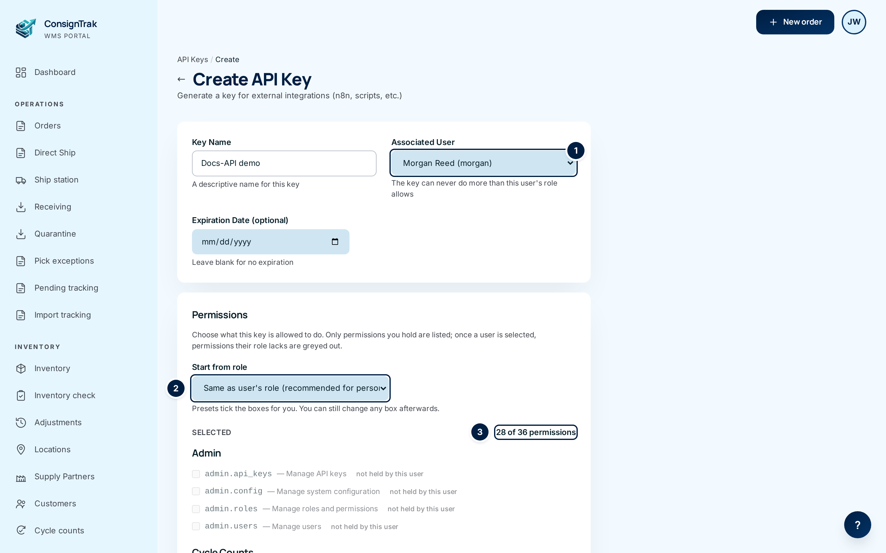 The Create API Key form with the name filled in, Morgan Reed chosen as the Associated User (1), "Same as user's role" chosen in Start from role (2), and the count reading 28 of 36 permissions (3)