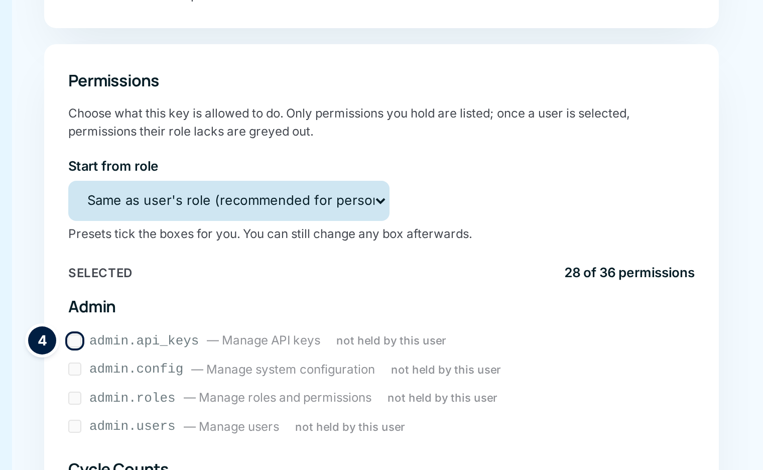 The Permissions card with the Admin group greyed out and labelled "not held by this user" (4) because the chosen user is an Office user