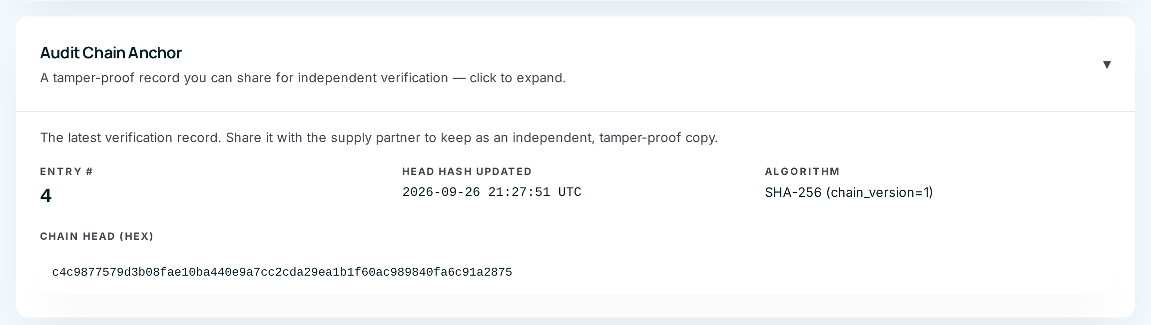 The Audit Chain Anchor card on a supply partner's page, opened
