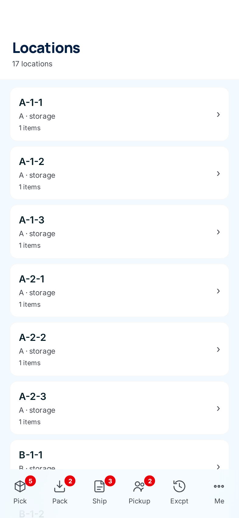 The phone Locations list: bins A-1-1 to B-2-3 in zones A and B, each with its type and item count, then the staging bins
