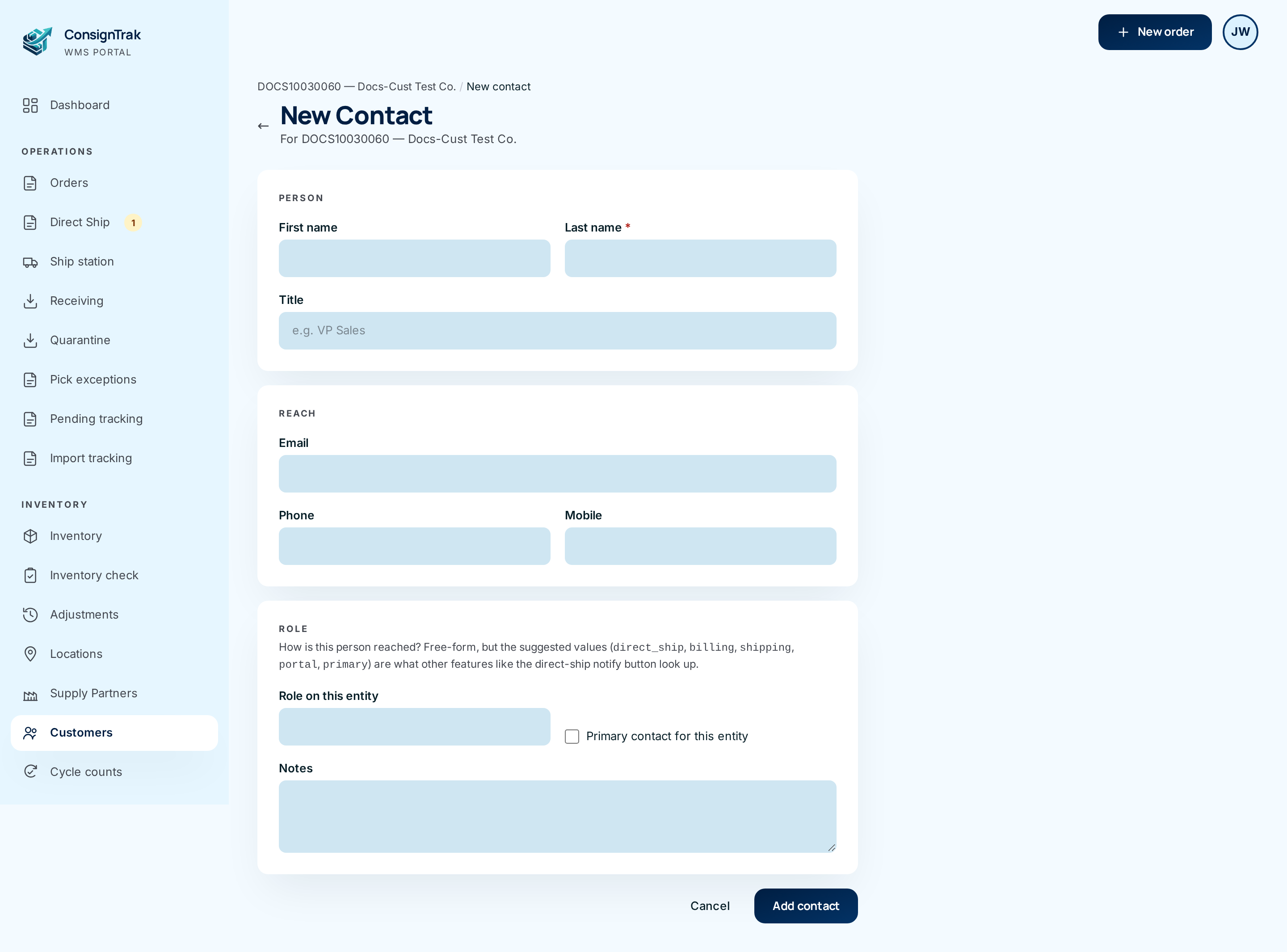 The New Contact form with Person, Reach and Role sections