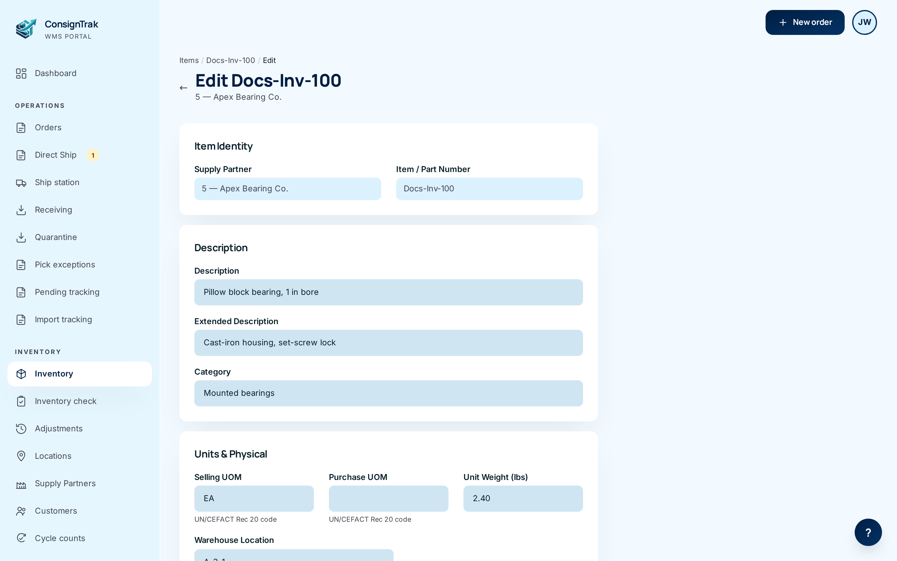 The Edit form for Docs-Inv-100: supply partner and part number shown greyed out, then the fields you can change