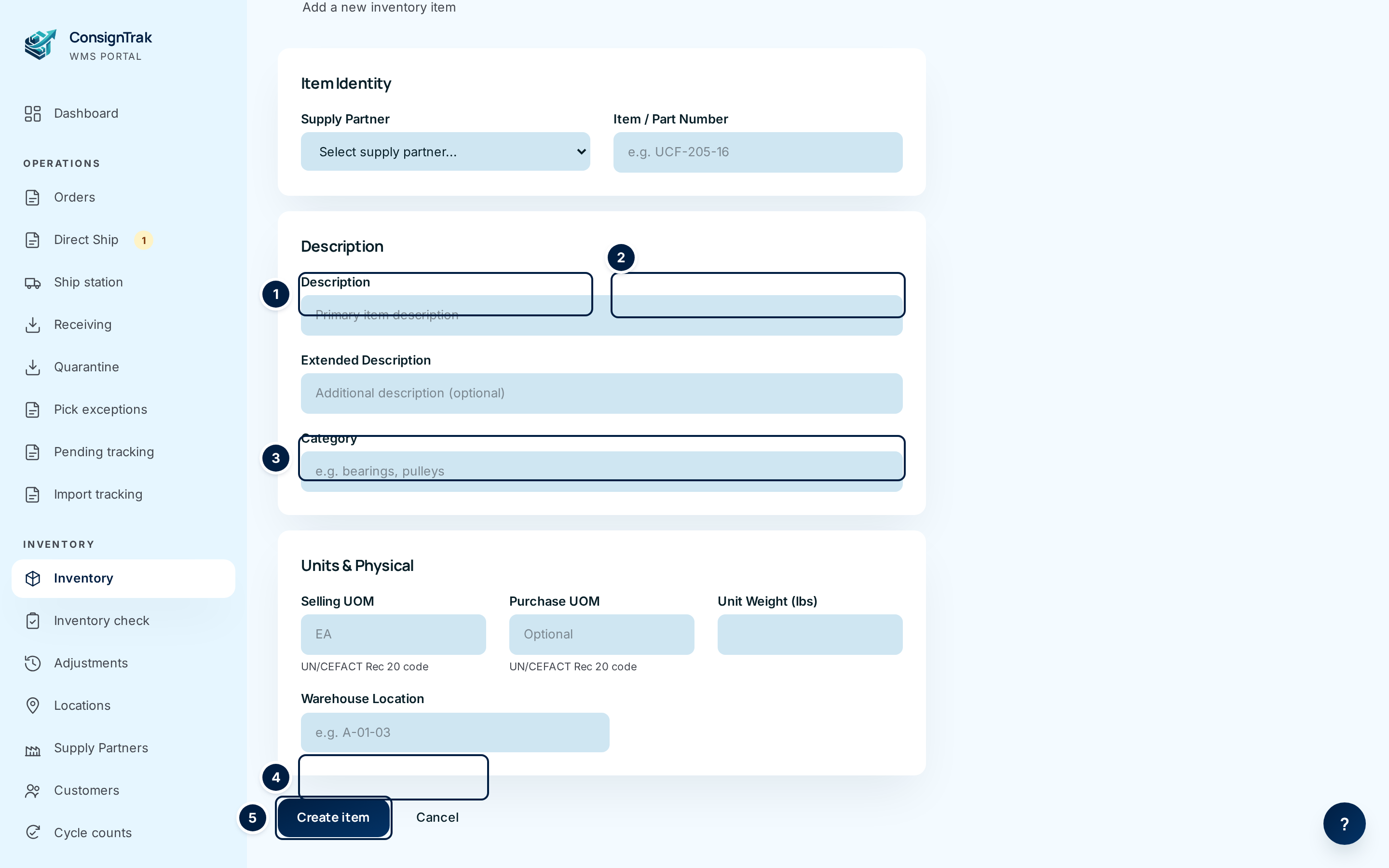The New Item form with Supply Partner, Item / Part Number, Description, Selling UOM and Create item marked