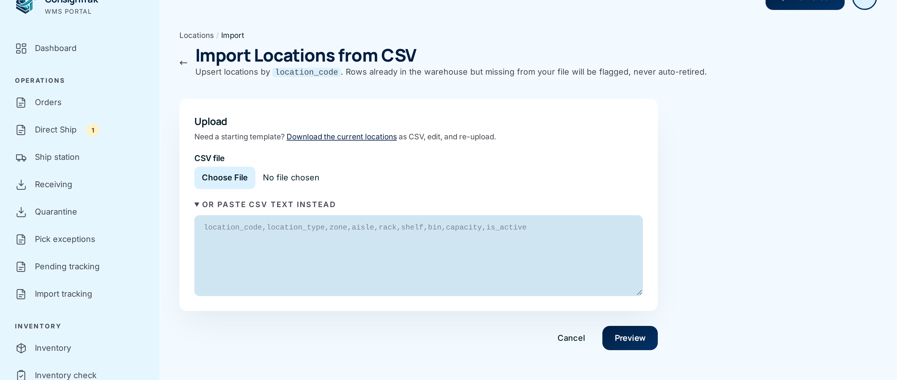 Import Locations from CSV with the file picker and the paste box open