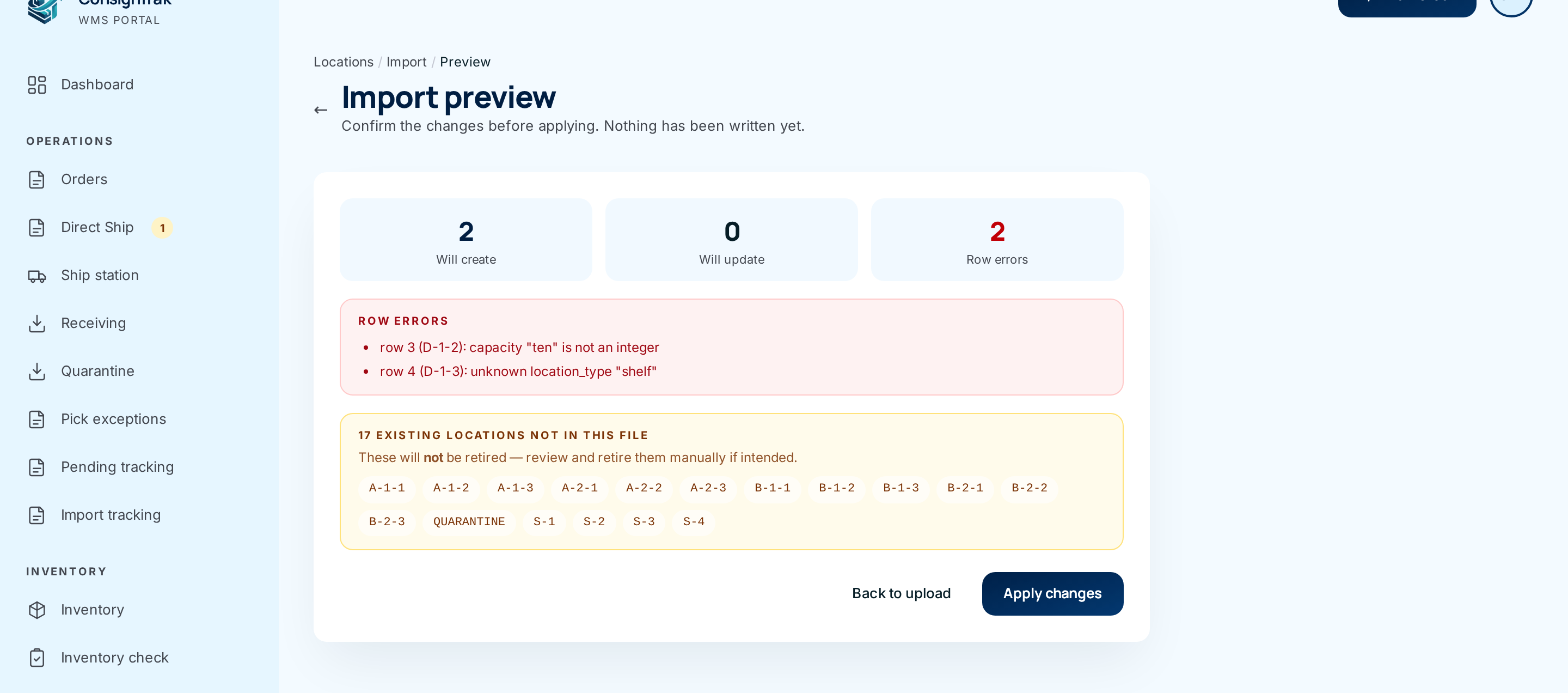 Import preview: 2 will be created, 2 row errors listed, and 16 existing locations not in the file