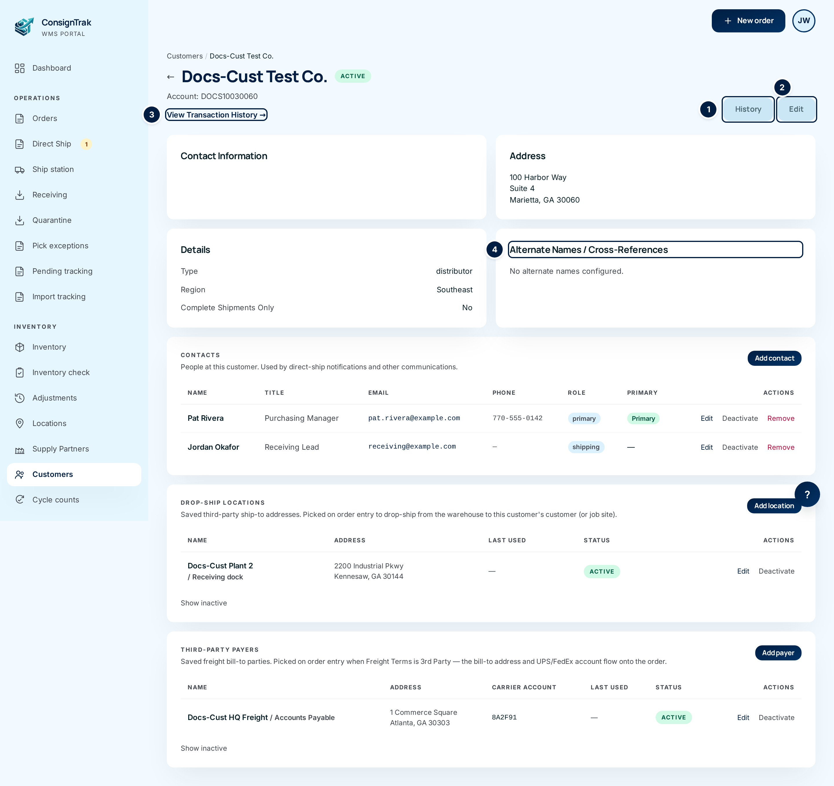 A customer record: History ①, Edit ②, View Transaction History ③ and the Alternate Names card ④, followed by Contacts, Drop-Ship Locations and Third-Party Payers