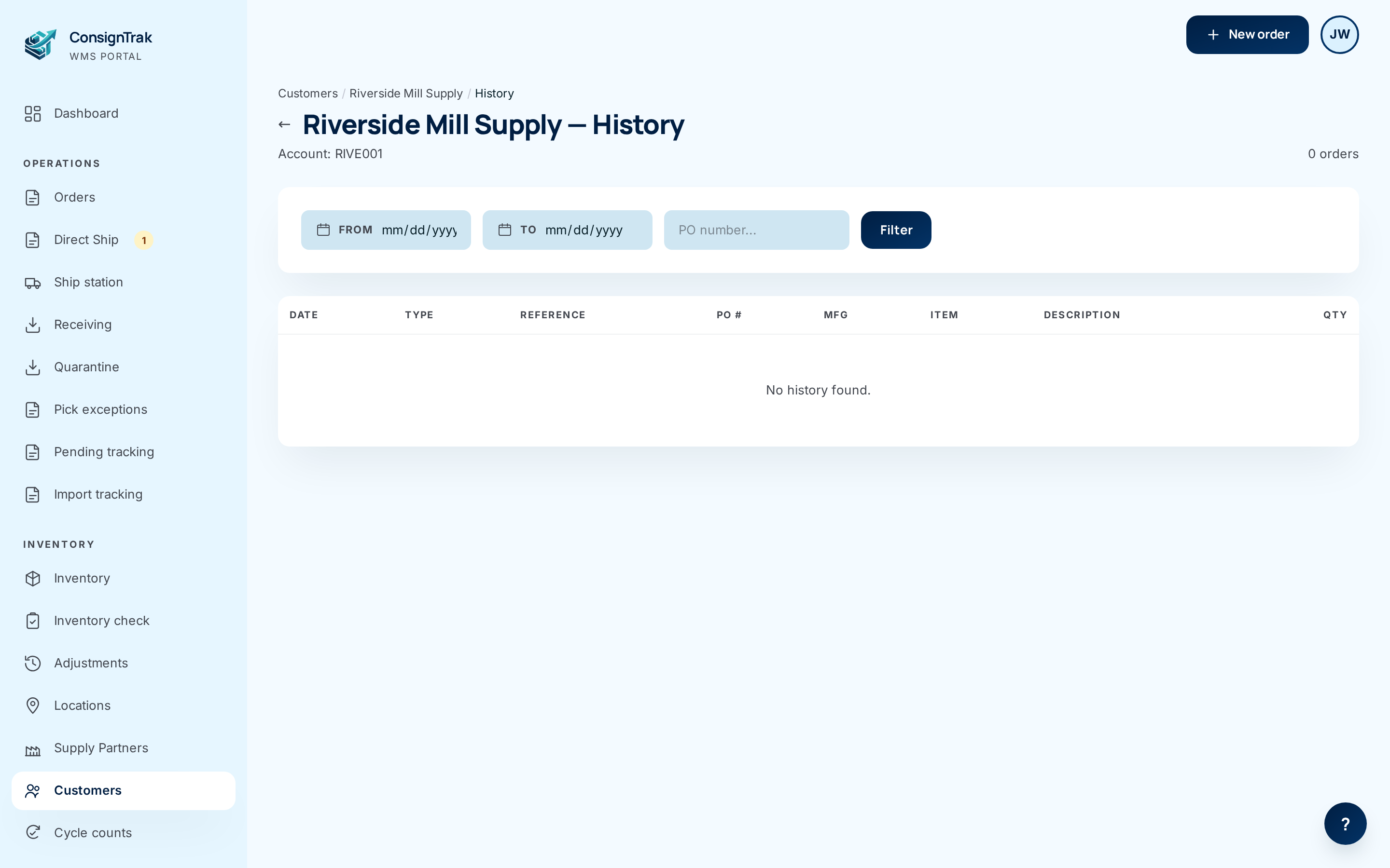 A customer's transaction history with date and PO filters. This demo customer has nothing shipped yet.