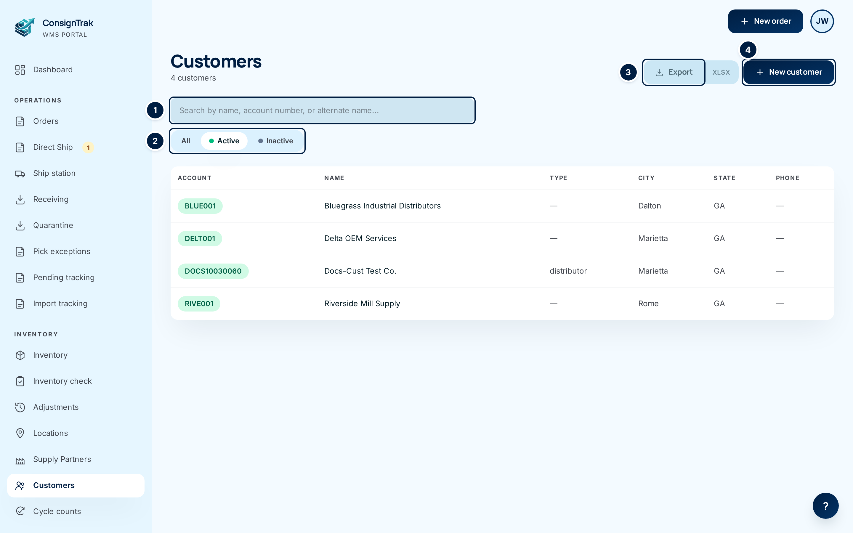 The Customers list with search, status filter, export and New customer