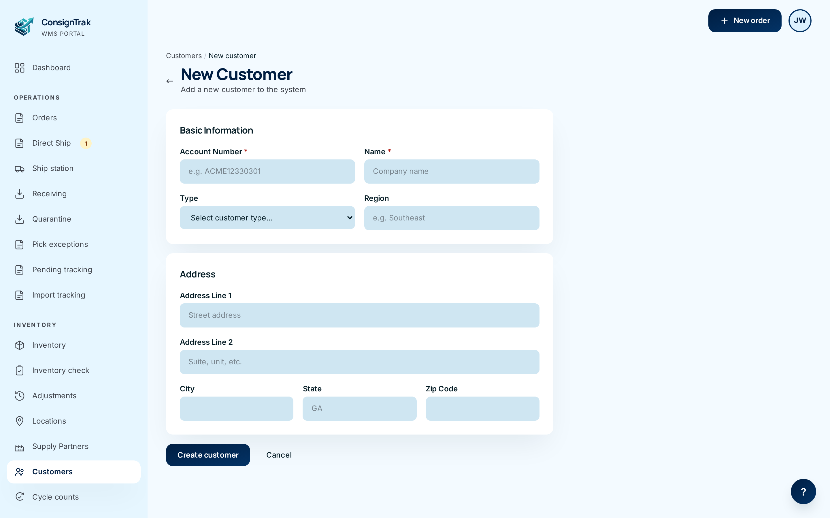 The New Customer form