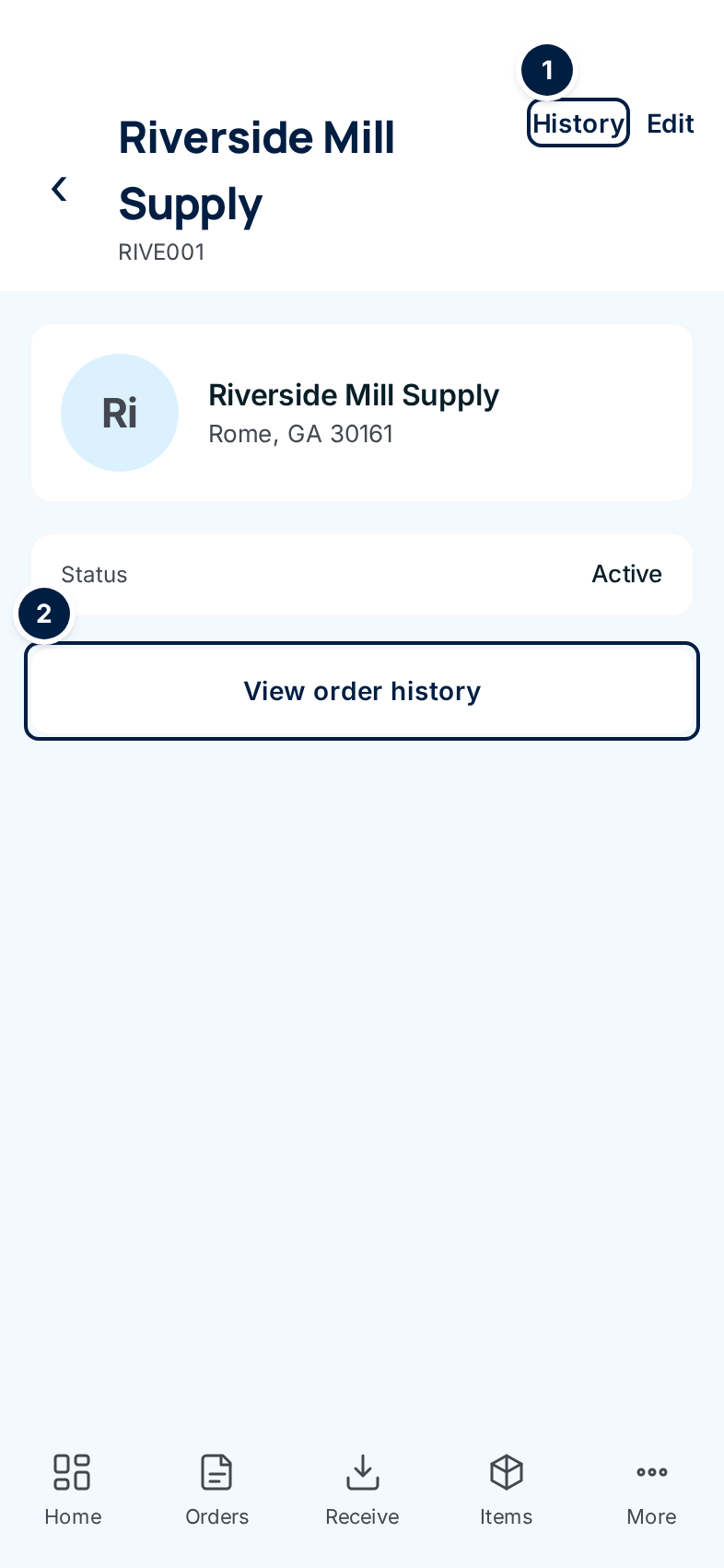 A customer on a phone: Riverside Mill Supply, account RIVE001, the address, status Active, and the History and View order history buttons