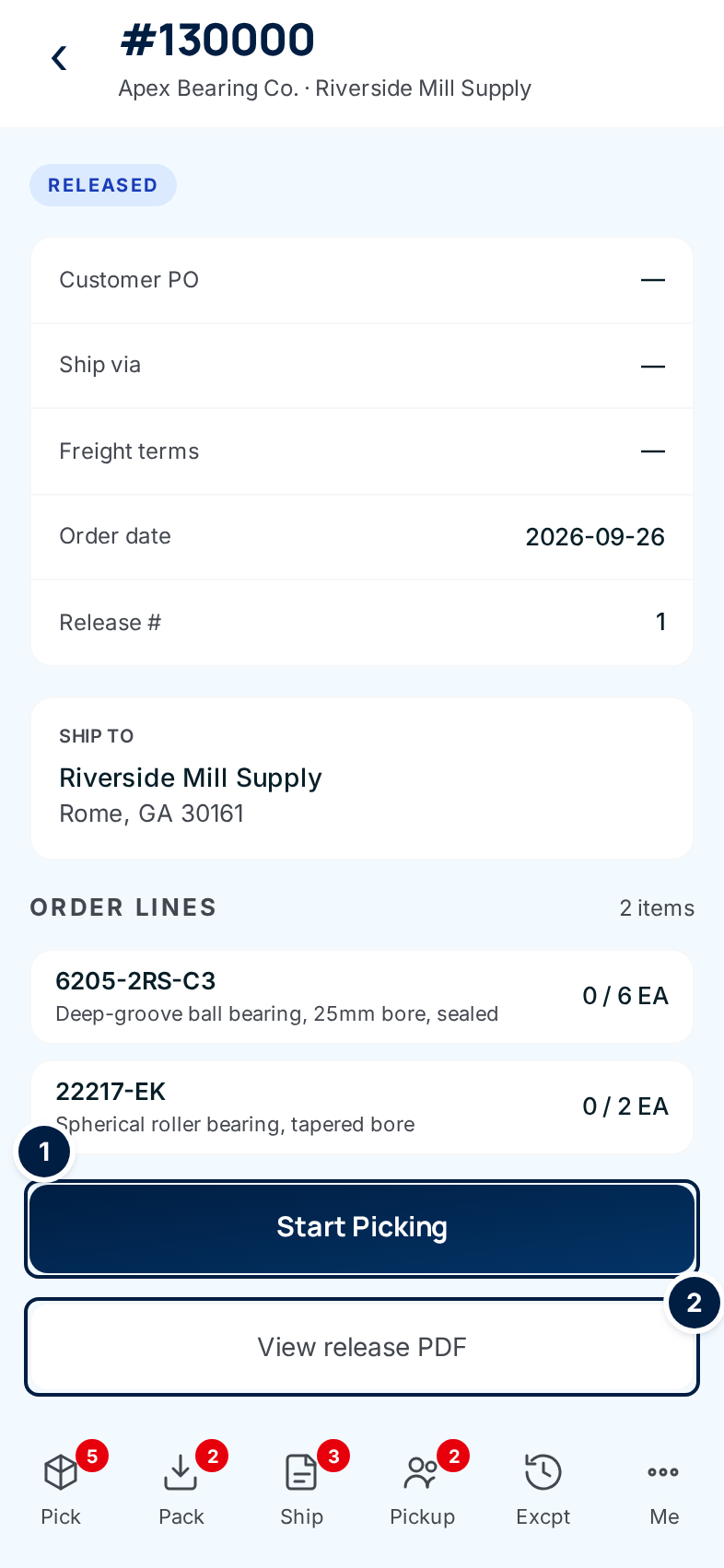 A released order on a phone: status Released, the order details, ship-to, two lines at 0 of 6 and 0 of 2, the Start Picking button and View release PDF