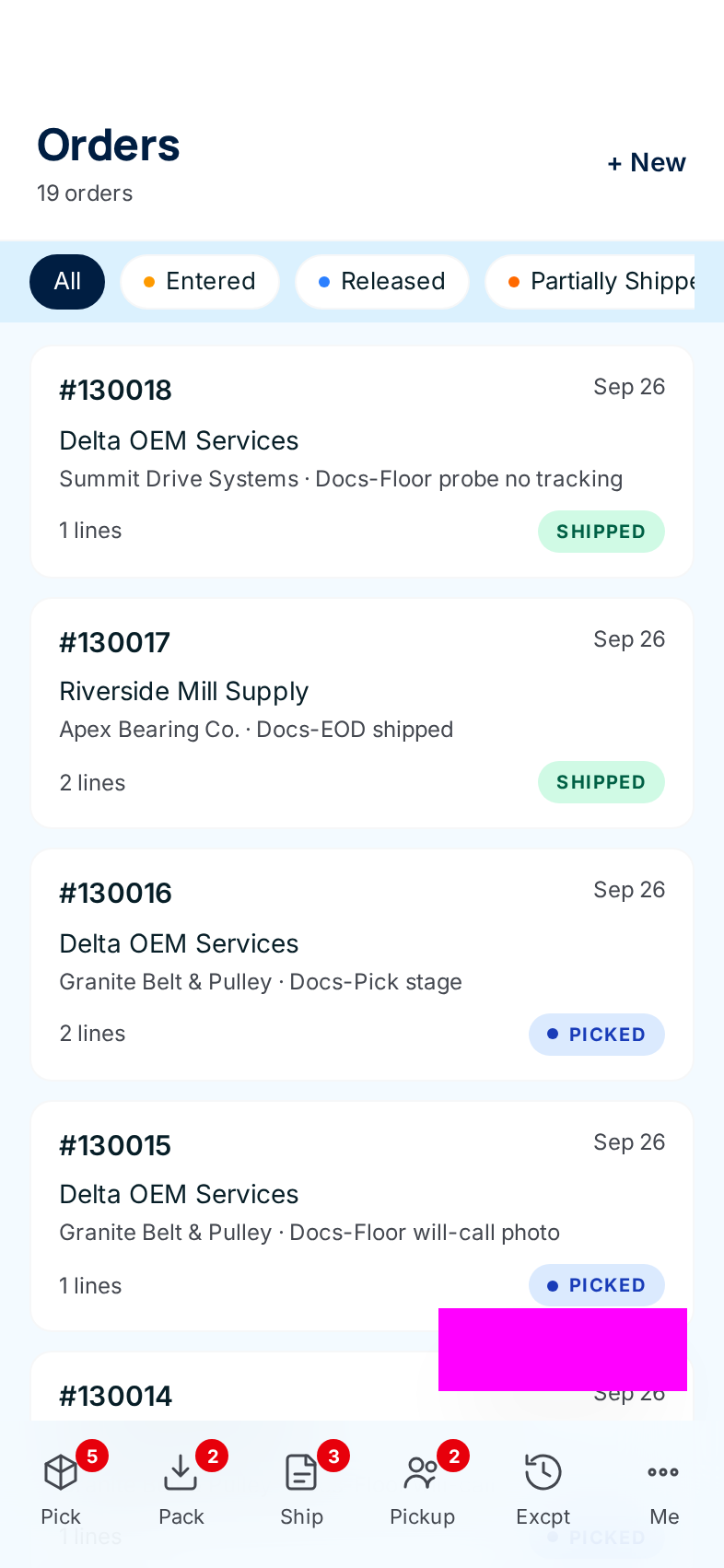 The phone Orders list: order cards with customer, supply partner, line count and status pills such as Picking, Released and Entered