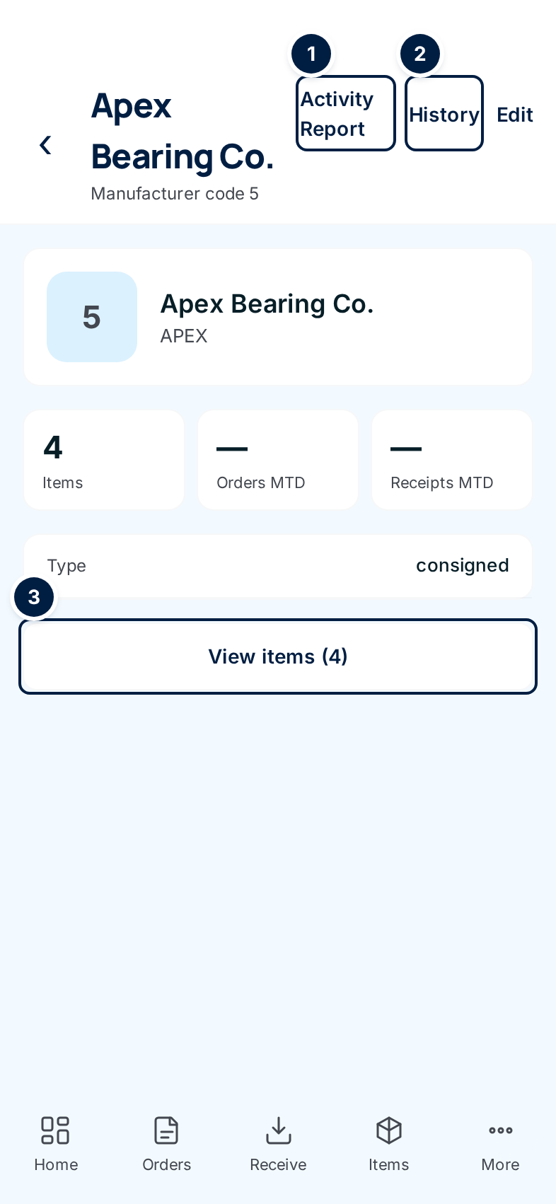 A supply partner on a phone: Apex Bearing Co., manufacturer code 5, 4 items, the Activity Report, History and View items buttons