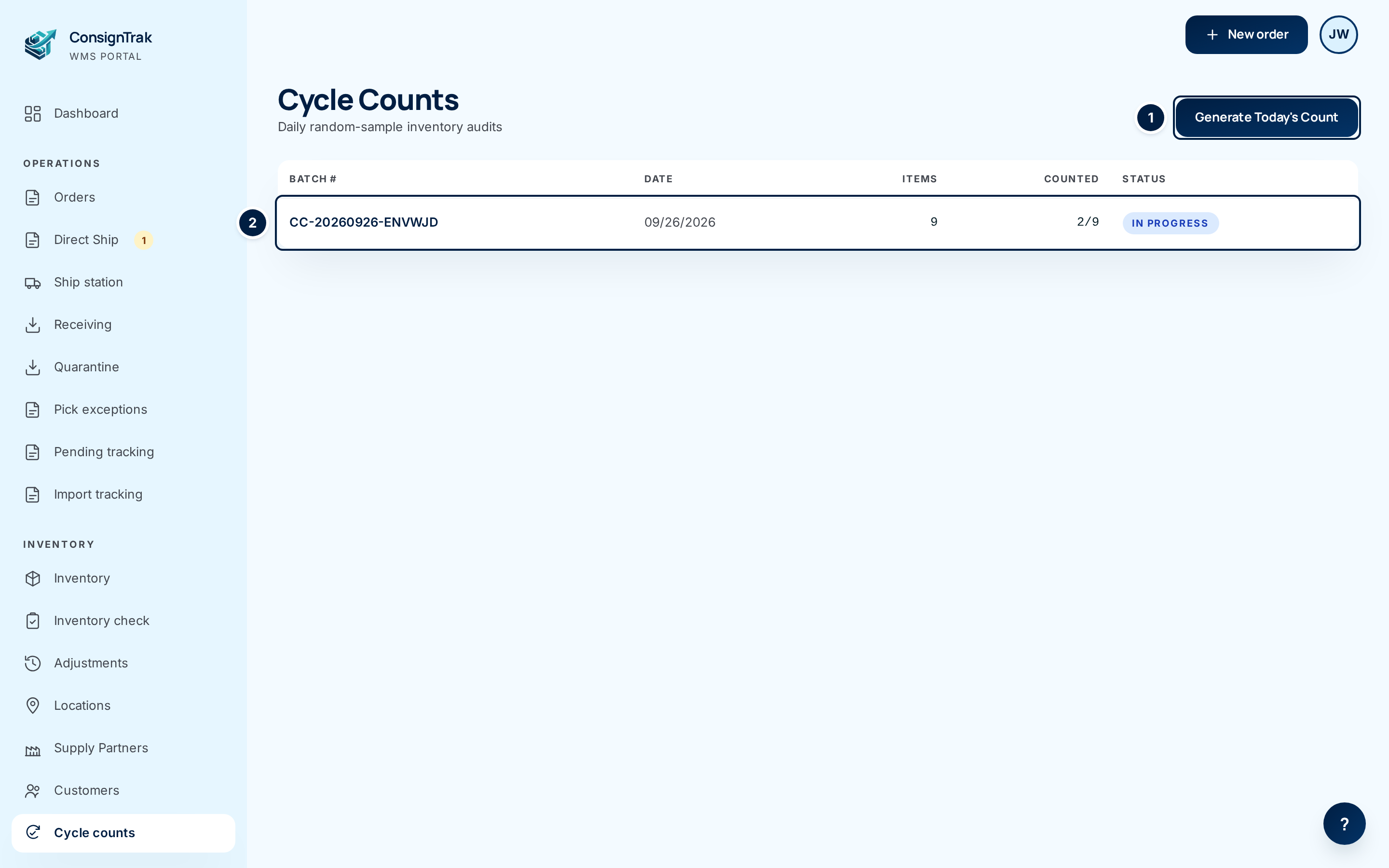 The Cycle Counts list with one batch in progress