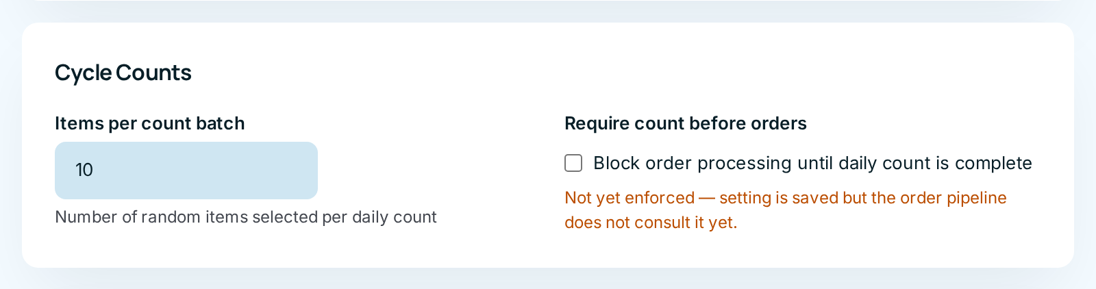 The Cycle Counts panel on the System Configuration page