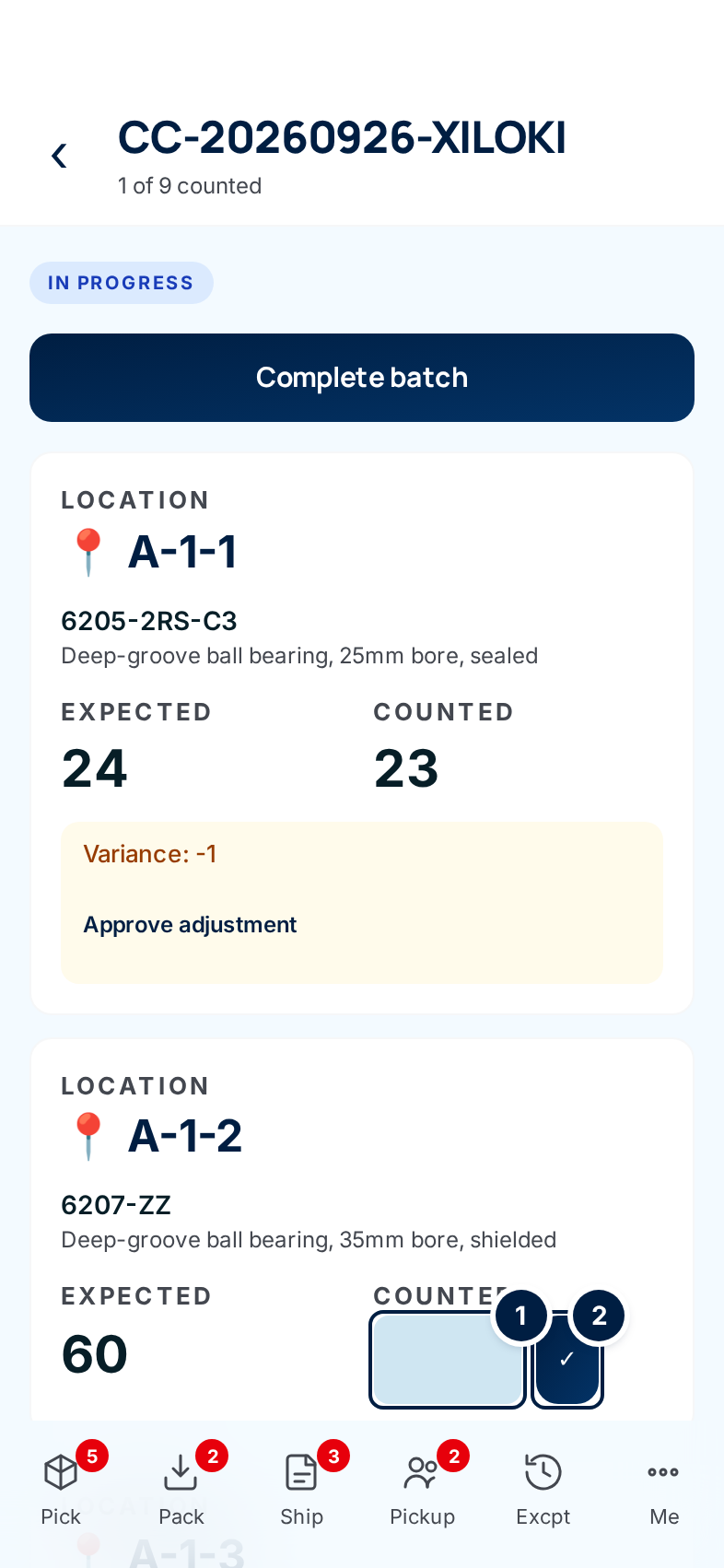 An in-progress batch: a counted line with a variance, and the next line's count box and check button marked