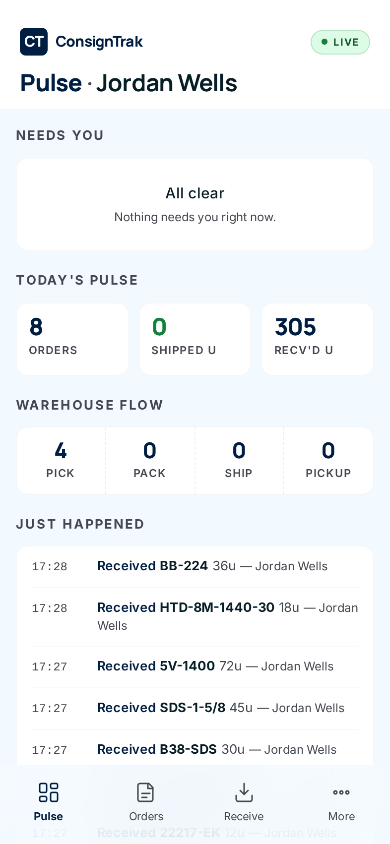 The administrator's phone home, Pulse, with Needs you, Today's pulse, Warehouse flow and Just happened