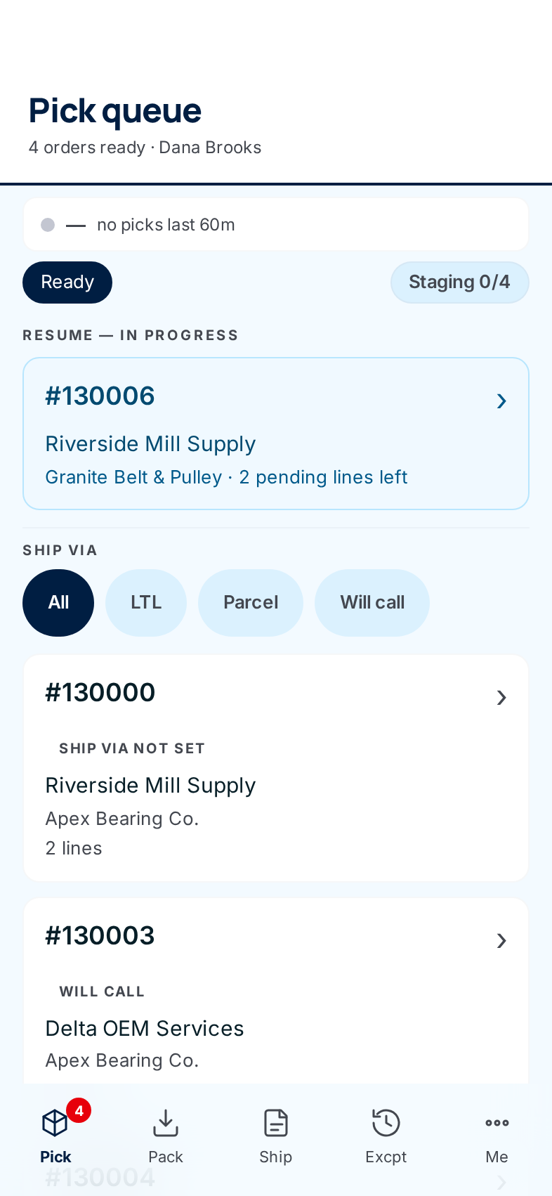 A warehouse user's phone lands on the Pick queue, with Pick, Pack, Ship, Excpt and Me along the bottom