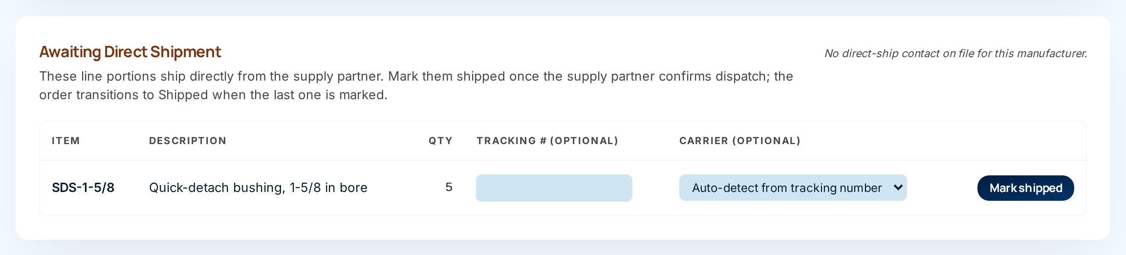 The Awaiting Direct Shipment panel with one line, its tracking and carrier boxes, and Mark shipped