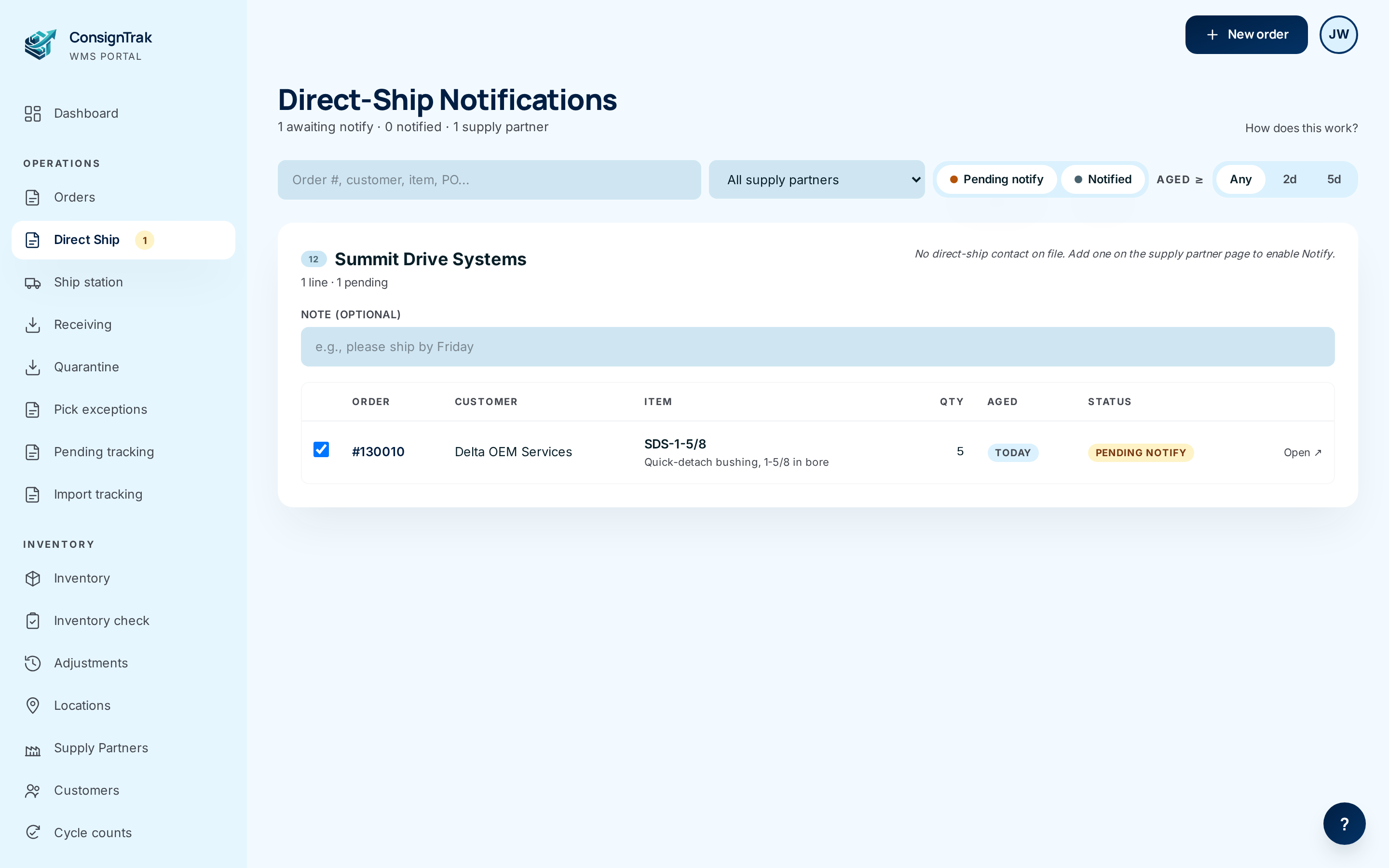 The Direct-Ship Notifications page with one Summit Drive Systems card, its note box and one pending line