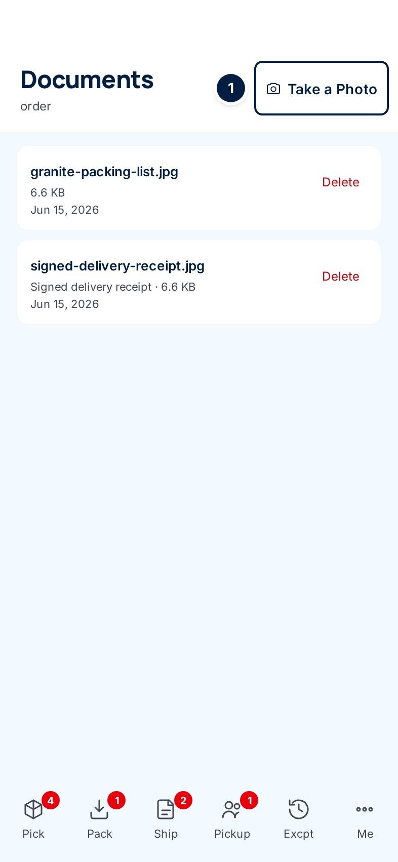 The Documents page on a phone, with the Take a Photo button and two files