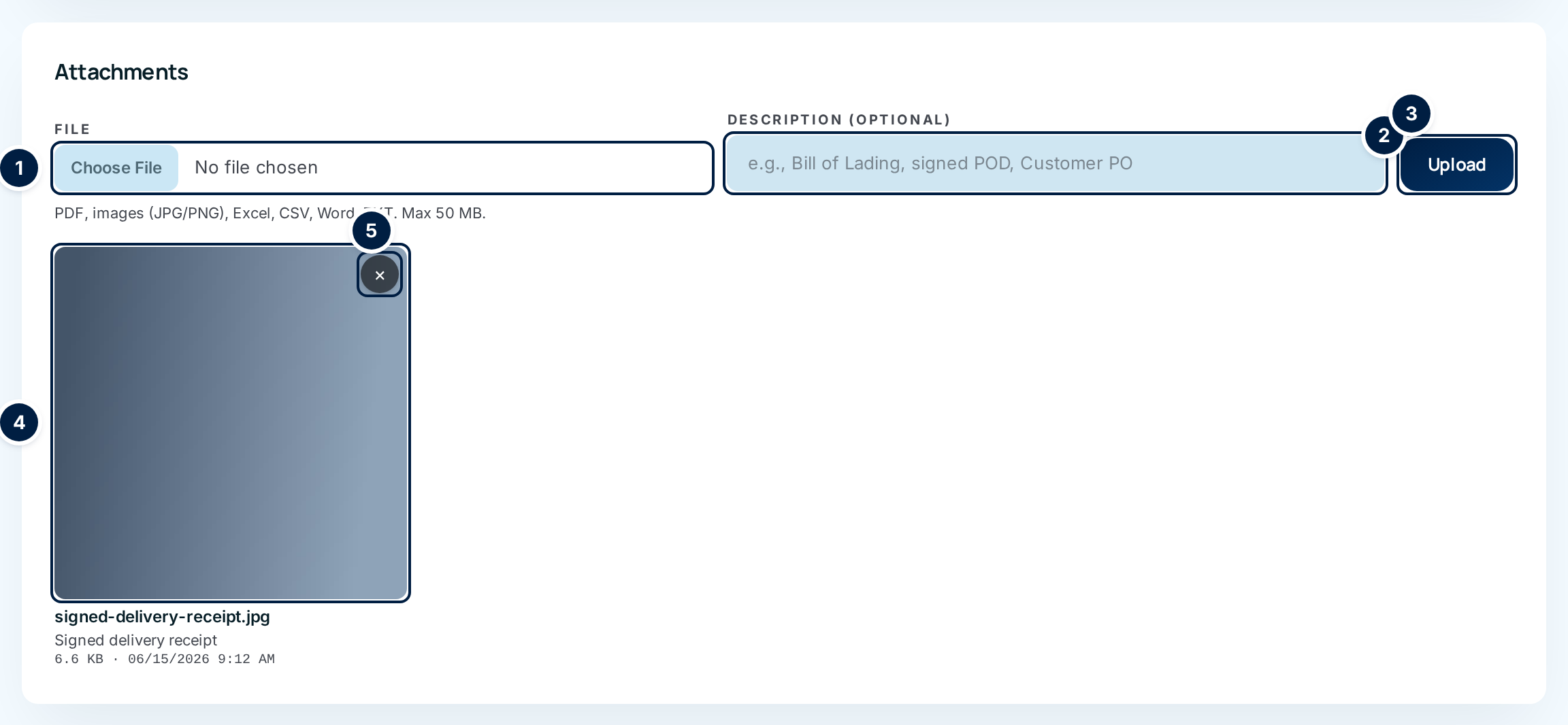 The Attachments card on an order, with the upload form above one photo thumbnail