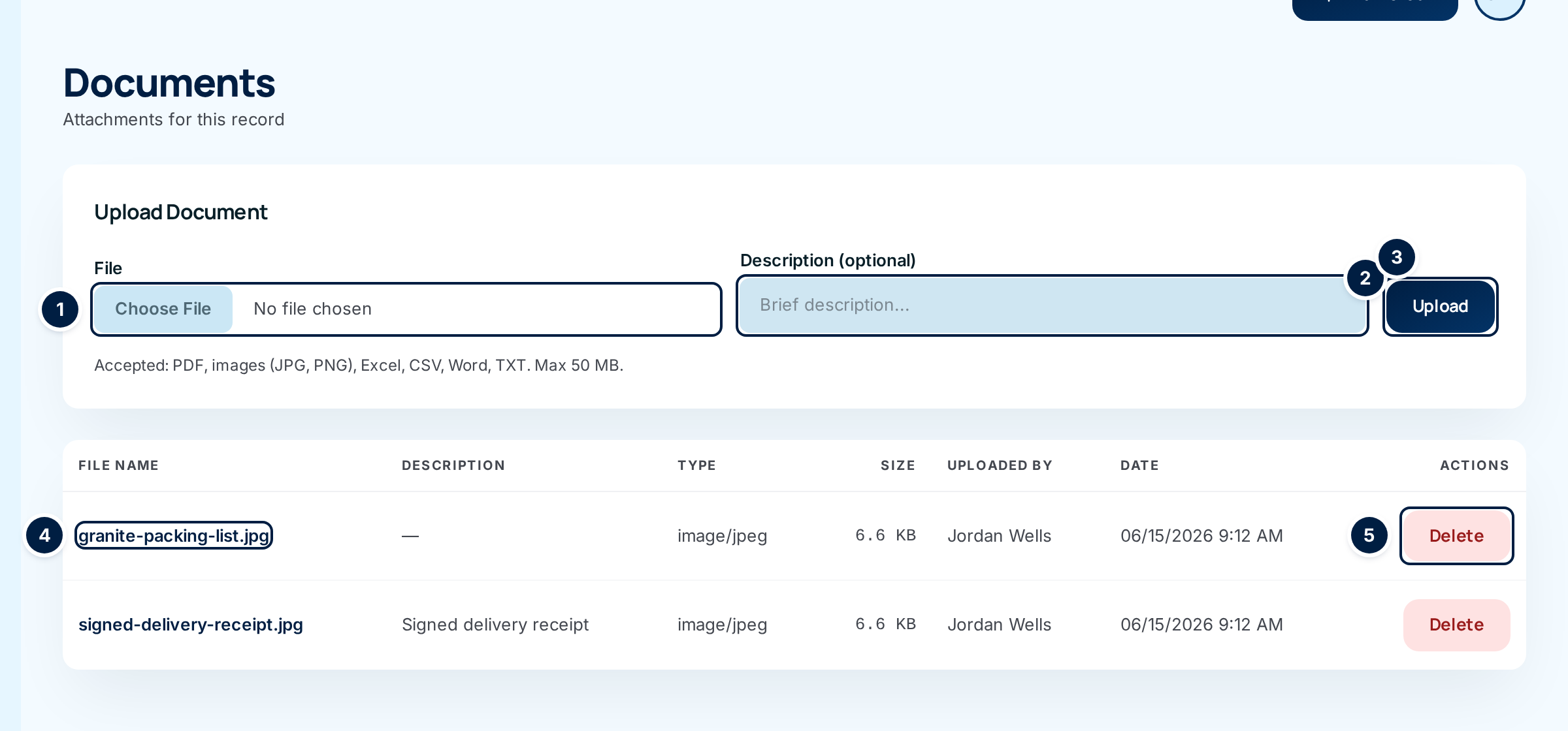 The Documents page on a desktop, with the upload form above a table of two files