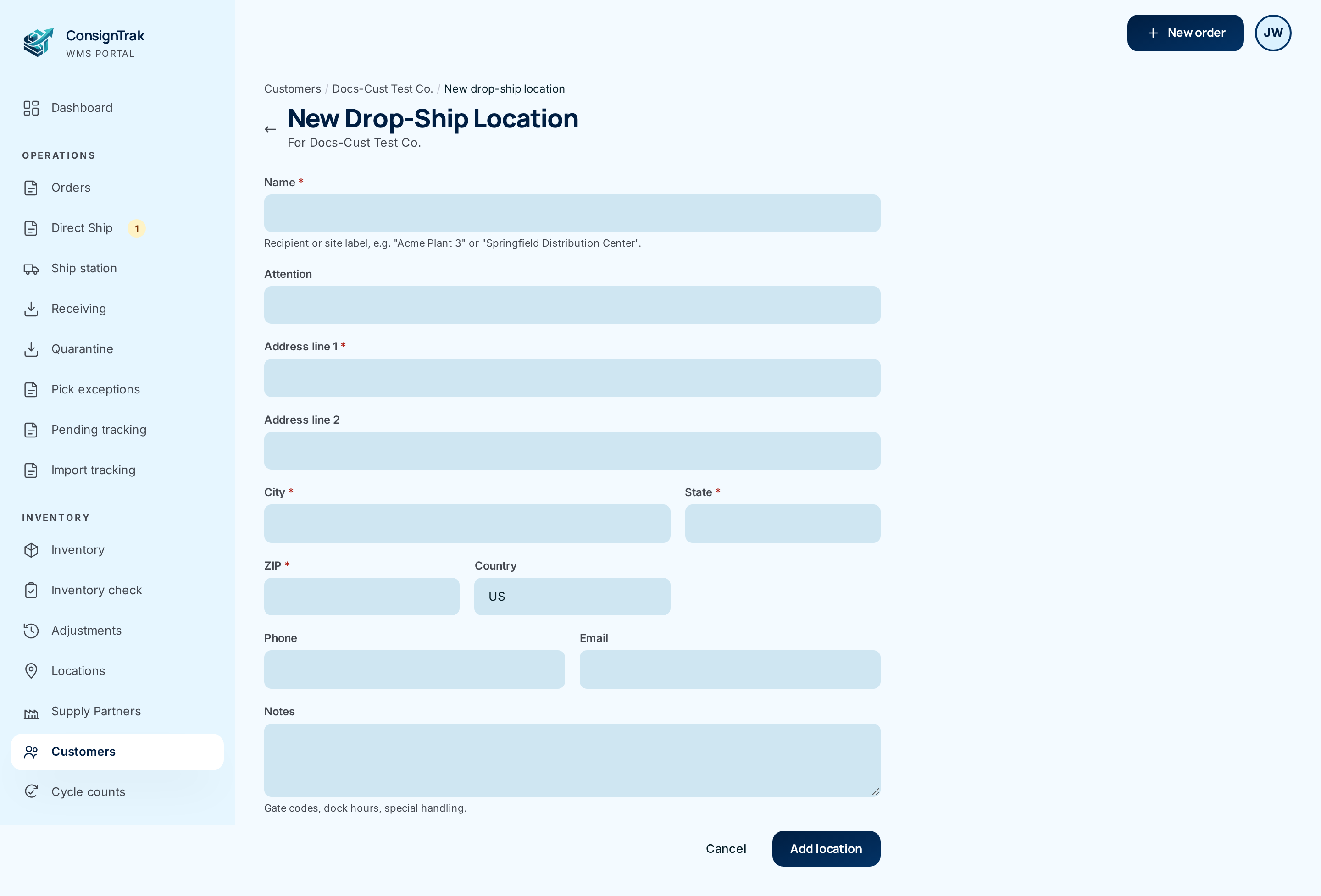 The New Drop-Ship Location form