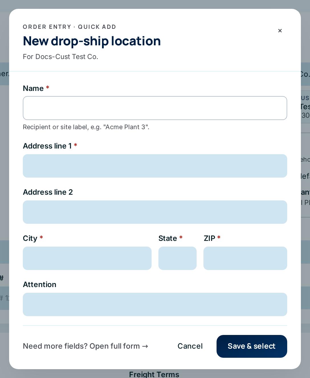The quick-add window for a new drop-ship location