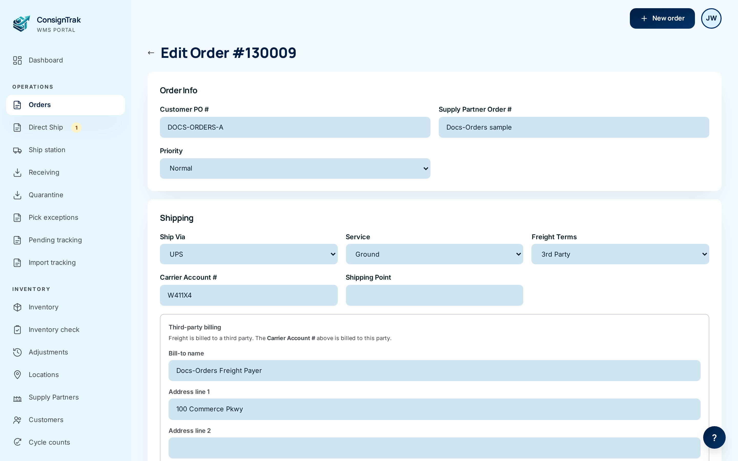 The Edit Order form with Order Info and Shipping sections