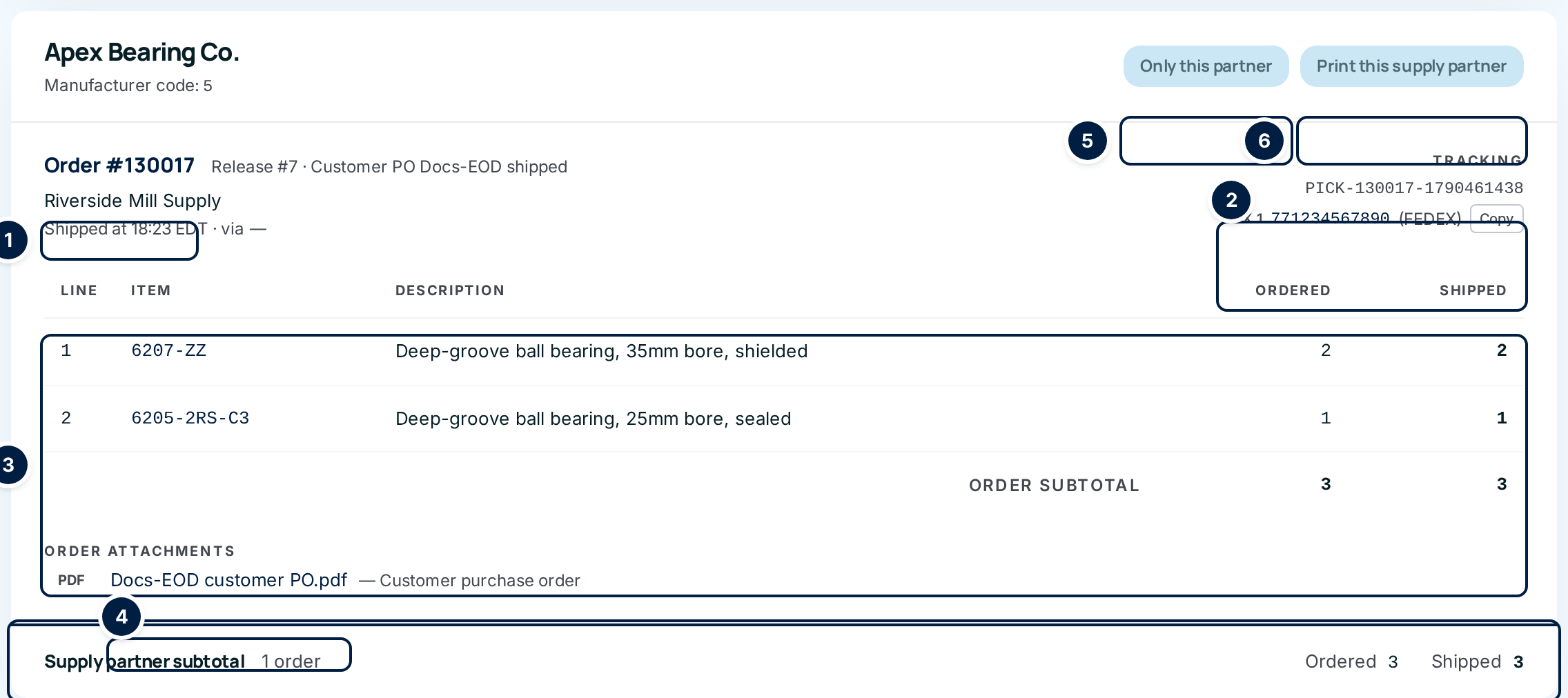 One supply partner's section with an order, its tracking, lines and attachment