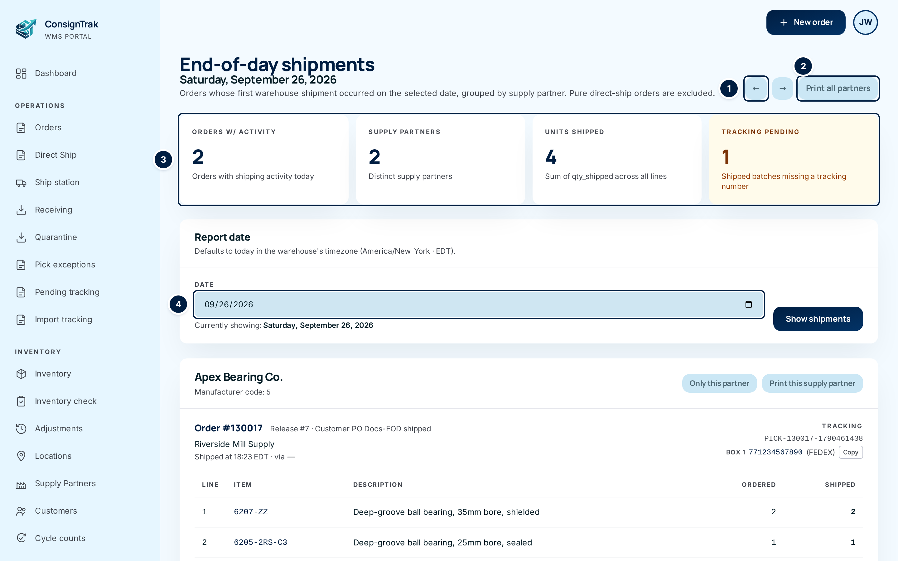 The End-of-day shipments report for one day, with the totals across the top