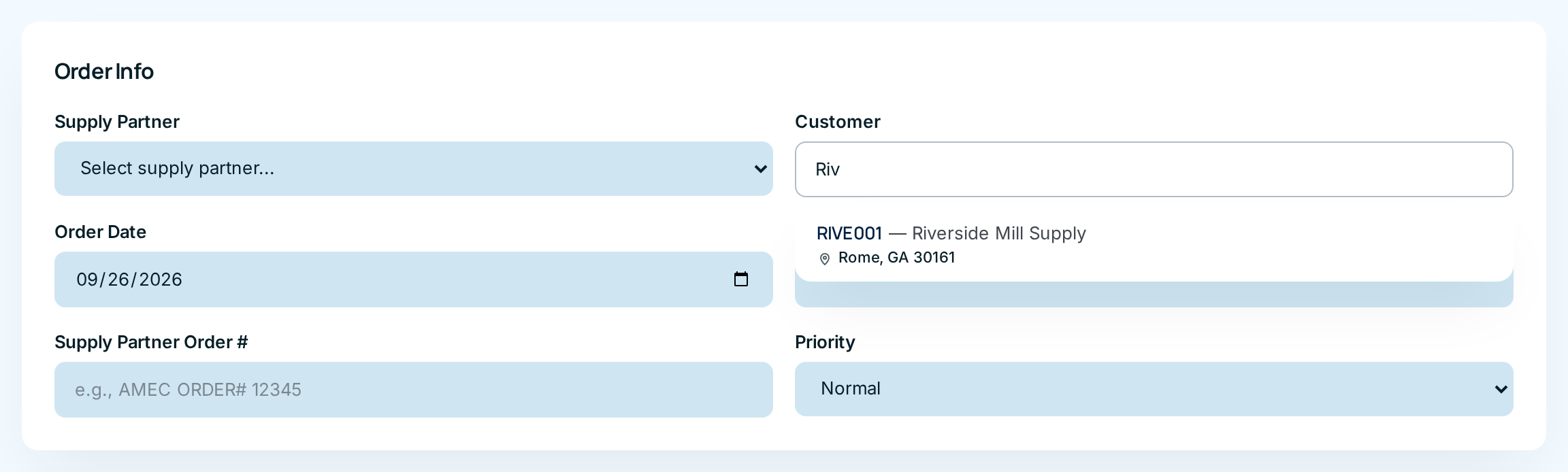 Typing "Riv" in the Customer box lists Riverside Mill Supply with its account number and town