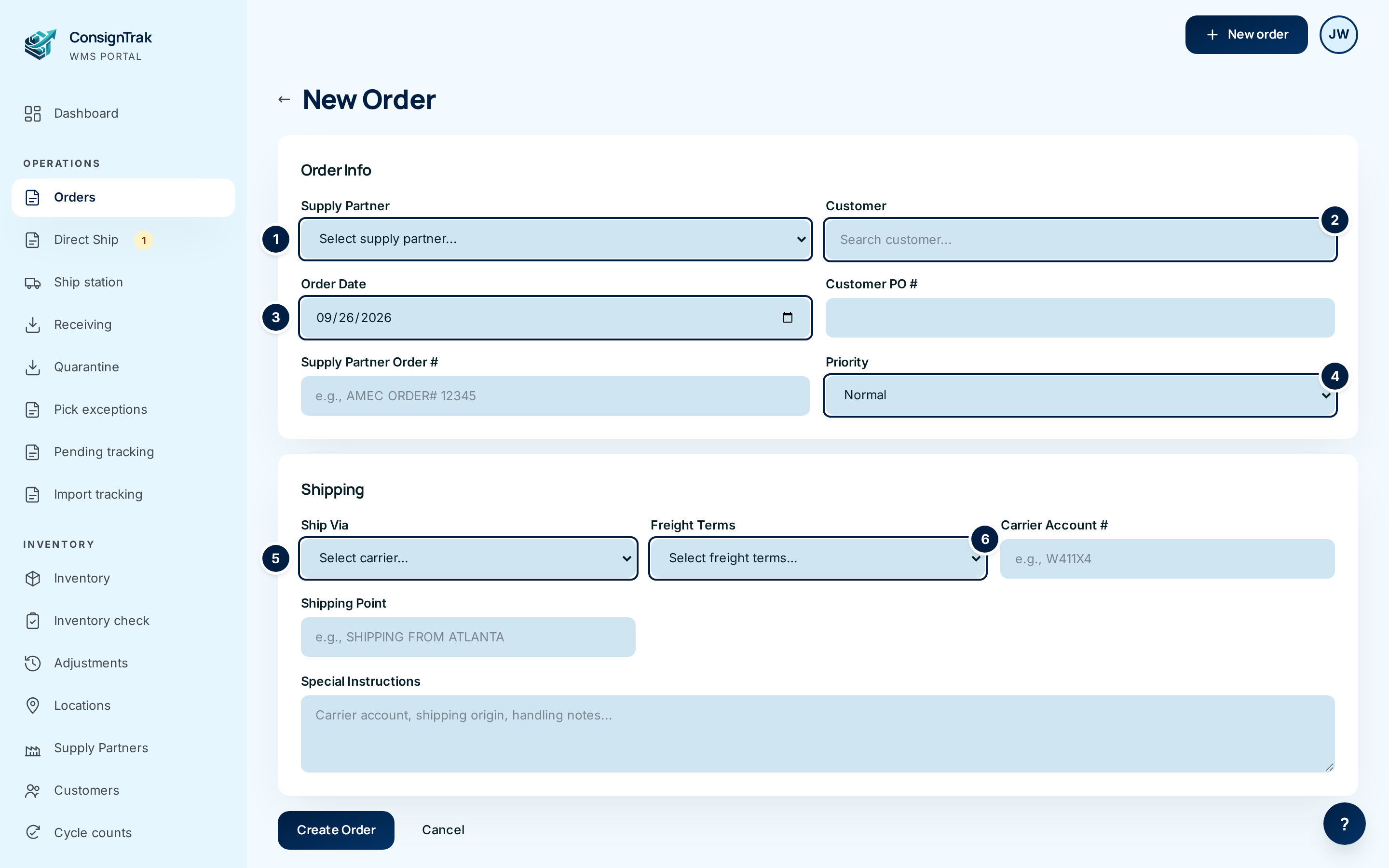 The New Order form with the Supply Partner, Customer, Order Date, Priority, Ship Via and Freight Terms fields numbered