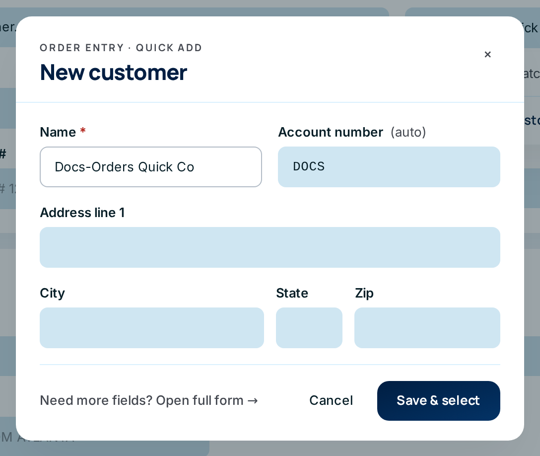 The quick-add New customer form, opened from the order's customer search