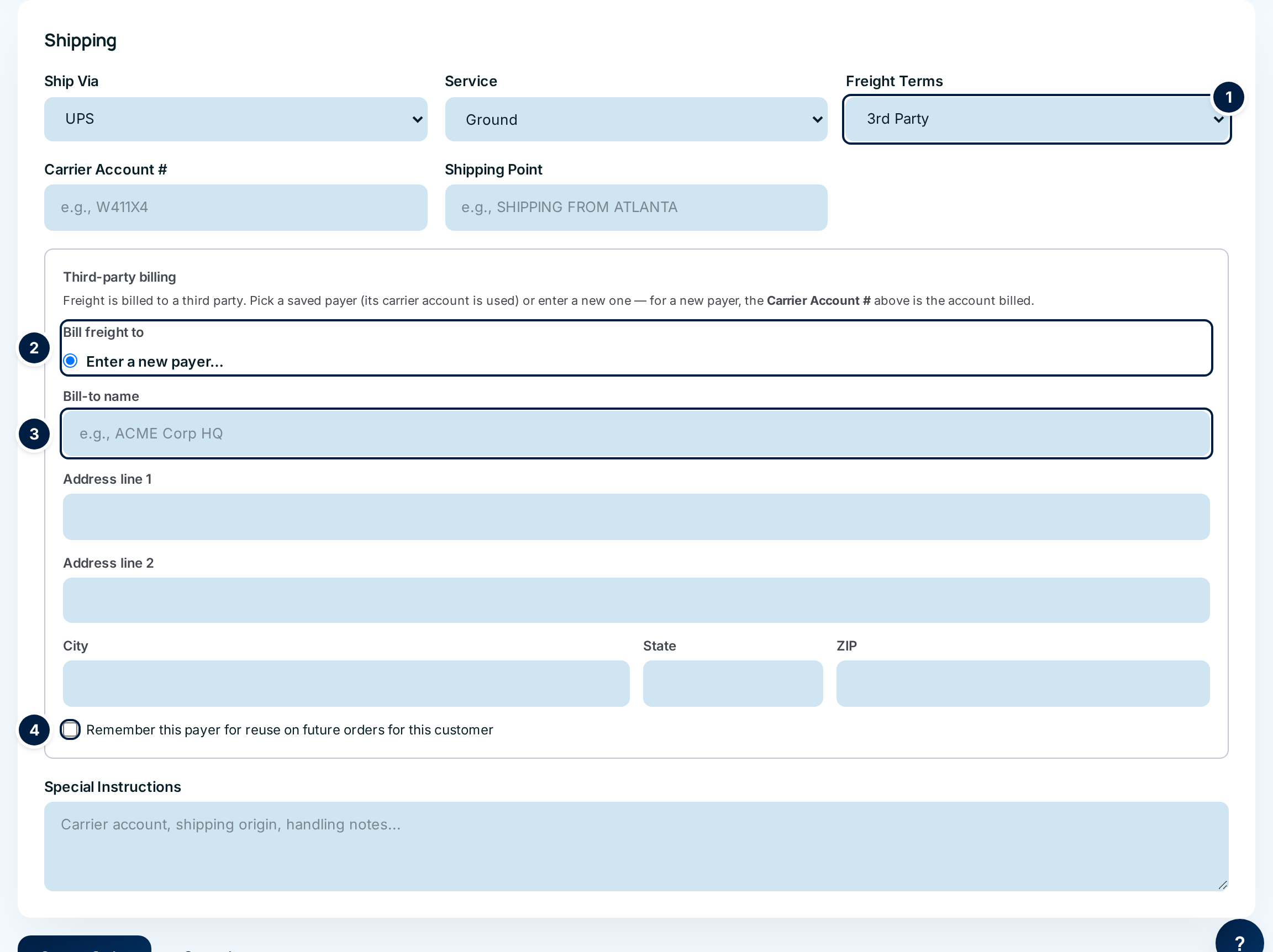 Freight Terms set to 3rd Party opens the Third-party billing box with the saved payers, the bill-to fields and the Remember checkbox