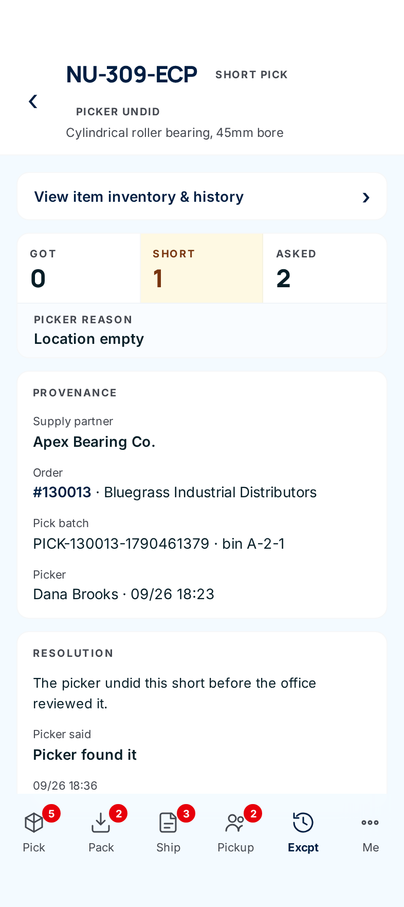 A short pick's detail: Got, Short and Asked, the picker's reason, provenance and the resolution