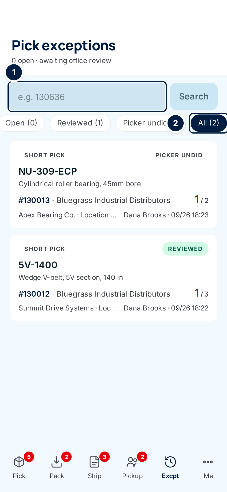 The phone Pick exceptions list showing all exceptions, with the search box and the All tab marked