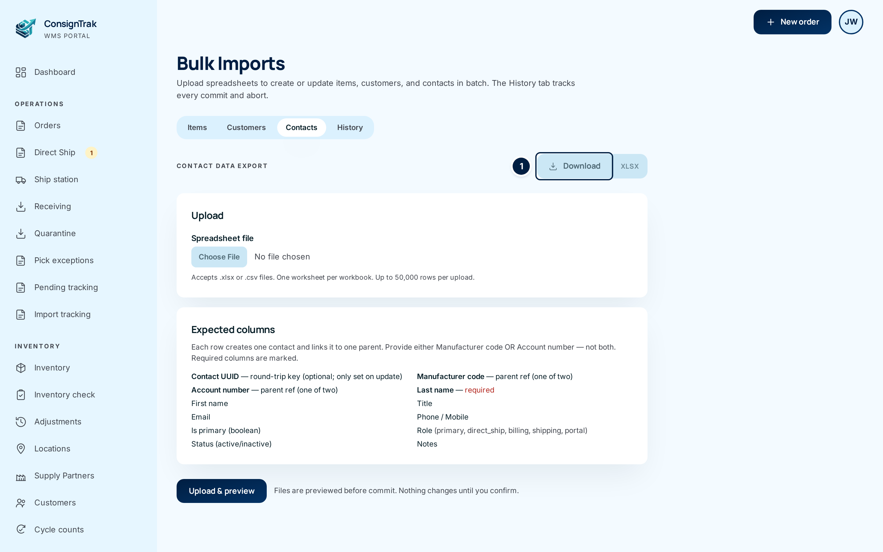 The Contacts tab of Bulk Imports with the Contact data export Download button ①