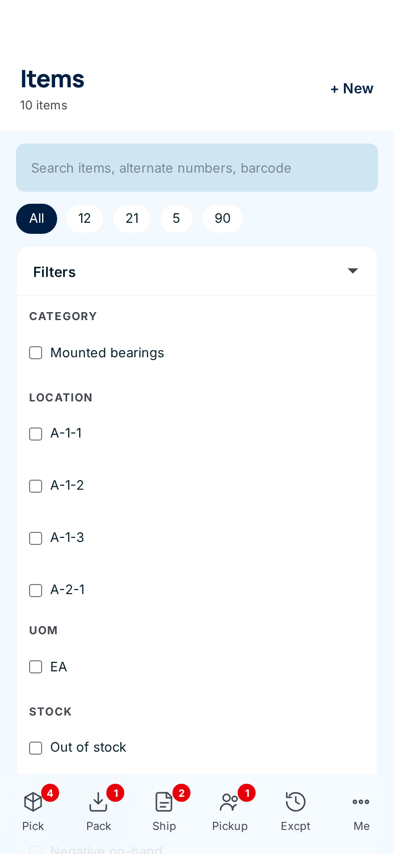 The phone Items list with the supply-partner buttons and the Filters panel open
