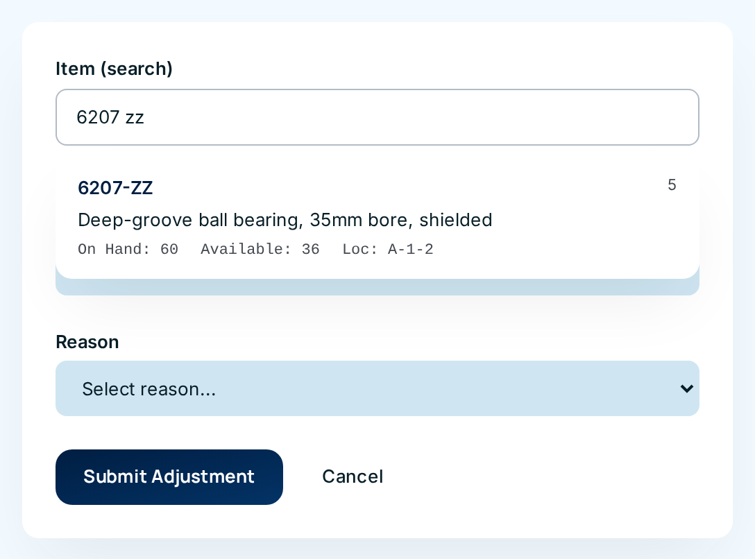 Typing "6207 zz" finds 6207-ZZ as a straight match, with its stock and location